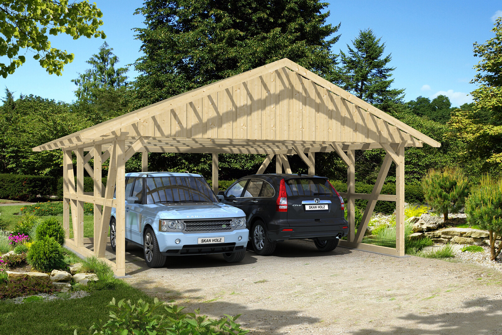 Carport Schwarzwald 684 x 600 cm mit Rückwand, natur, mit Dachlattung