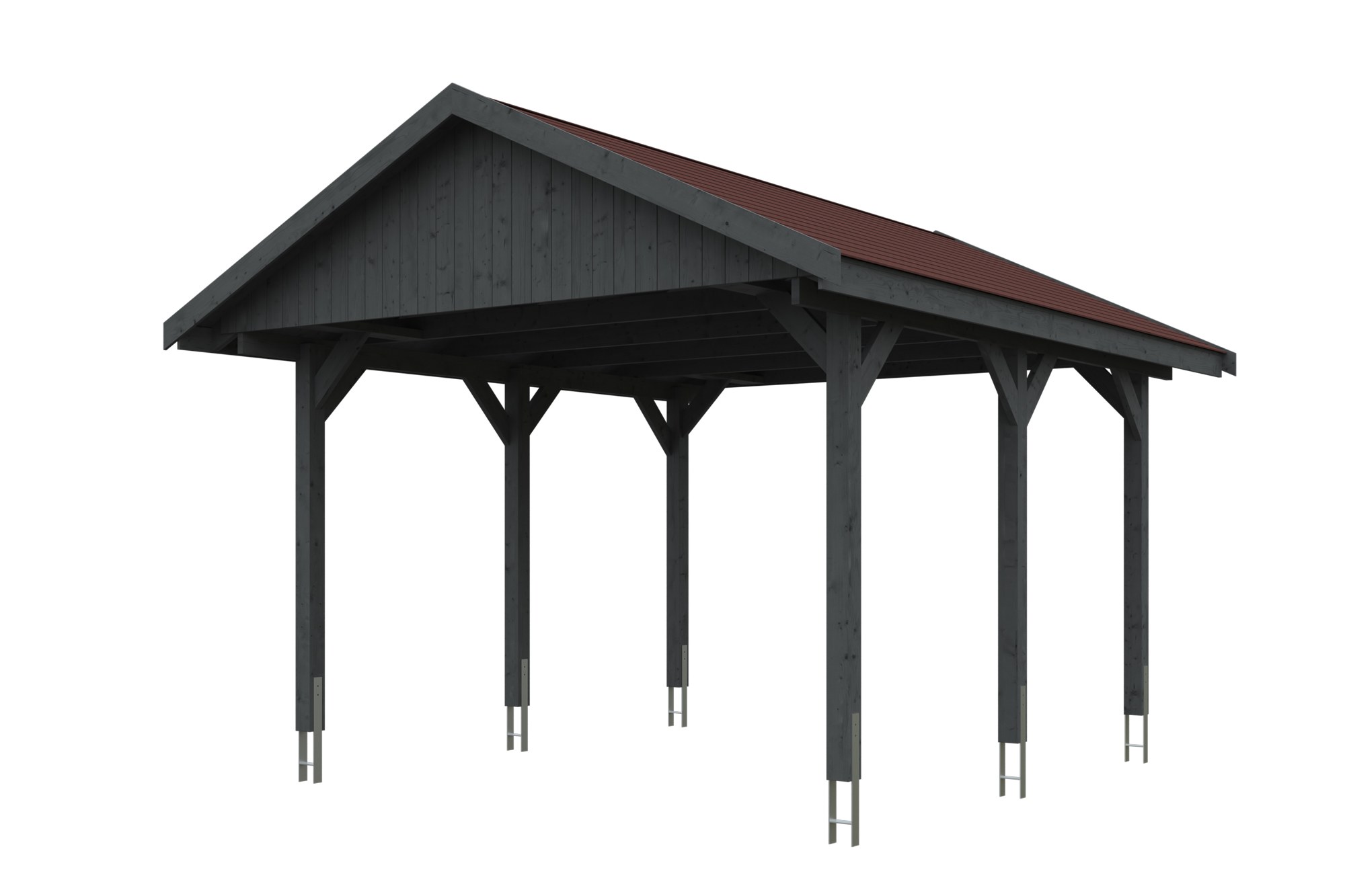 Produktbild: Carport Wallgau 430 x 500 cm, mit roten Dachschindeln, farblich behandelt in schiefergrau