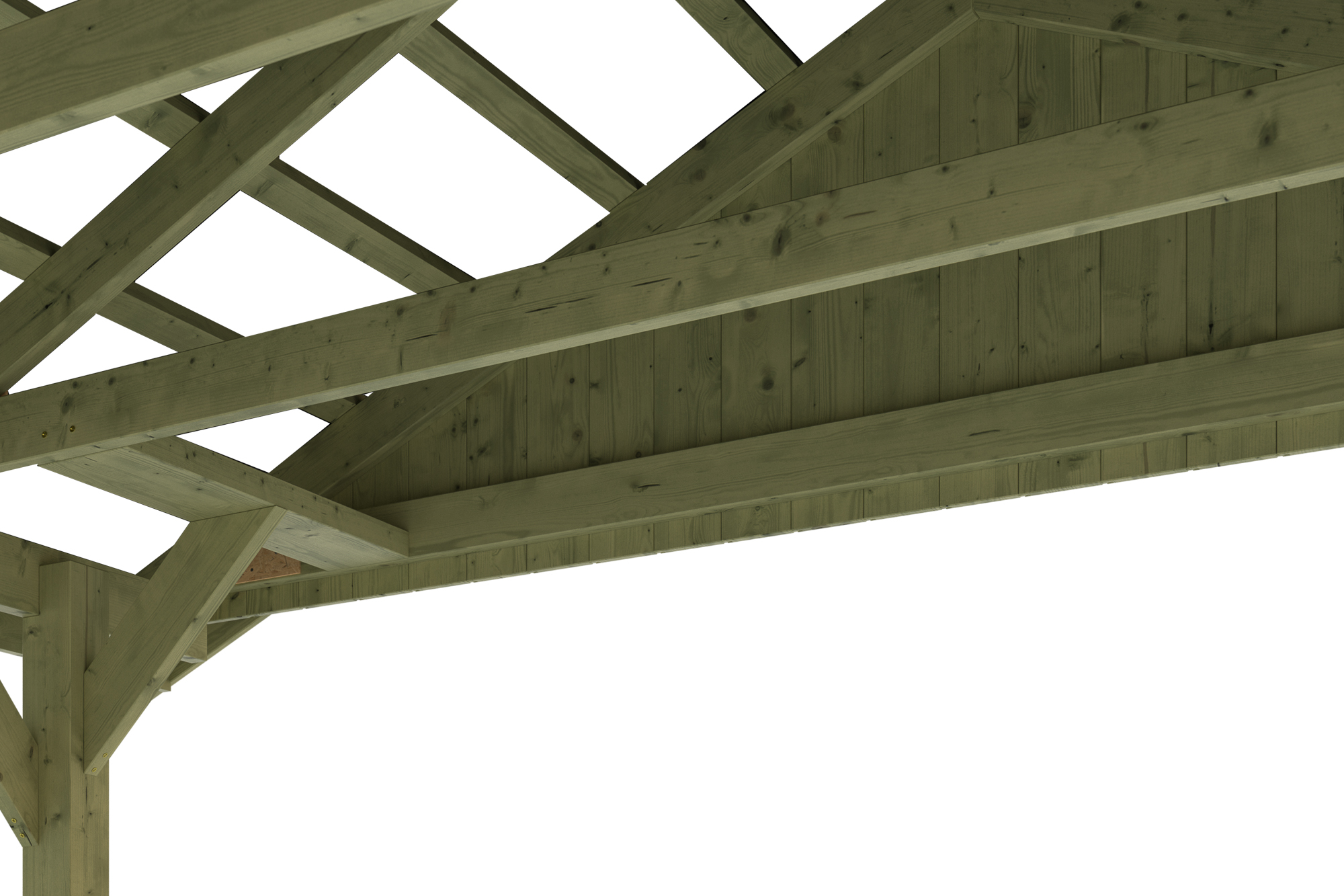 Detailbild: Dachkonstruktion von unten (Zangen, Sparren und Dachlatten, grün imprägniert)