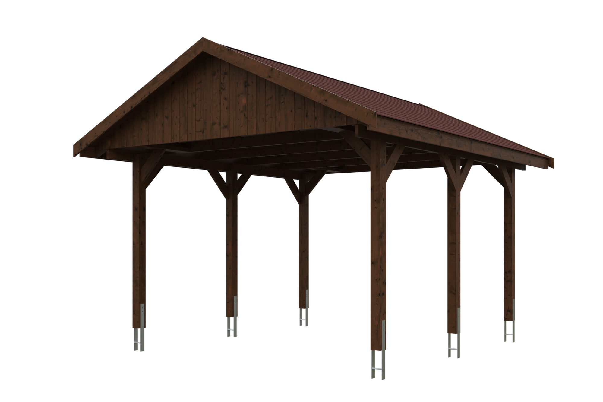 Produktbild: Carport Wallgau 430 x 500 cm, mit roten Dachschindeln, farblich behandelt in nussbaum