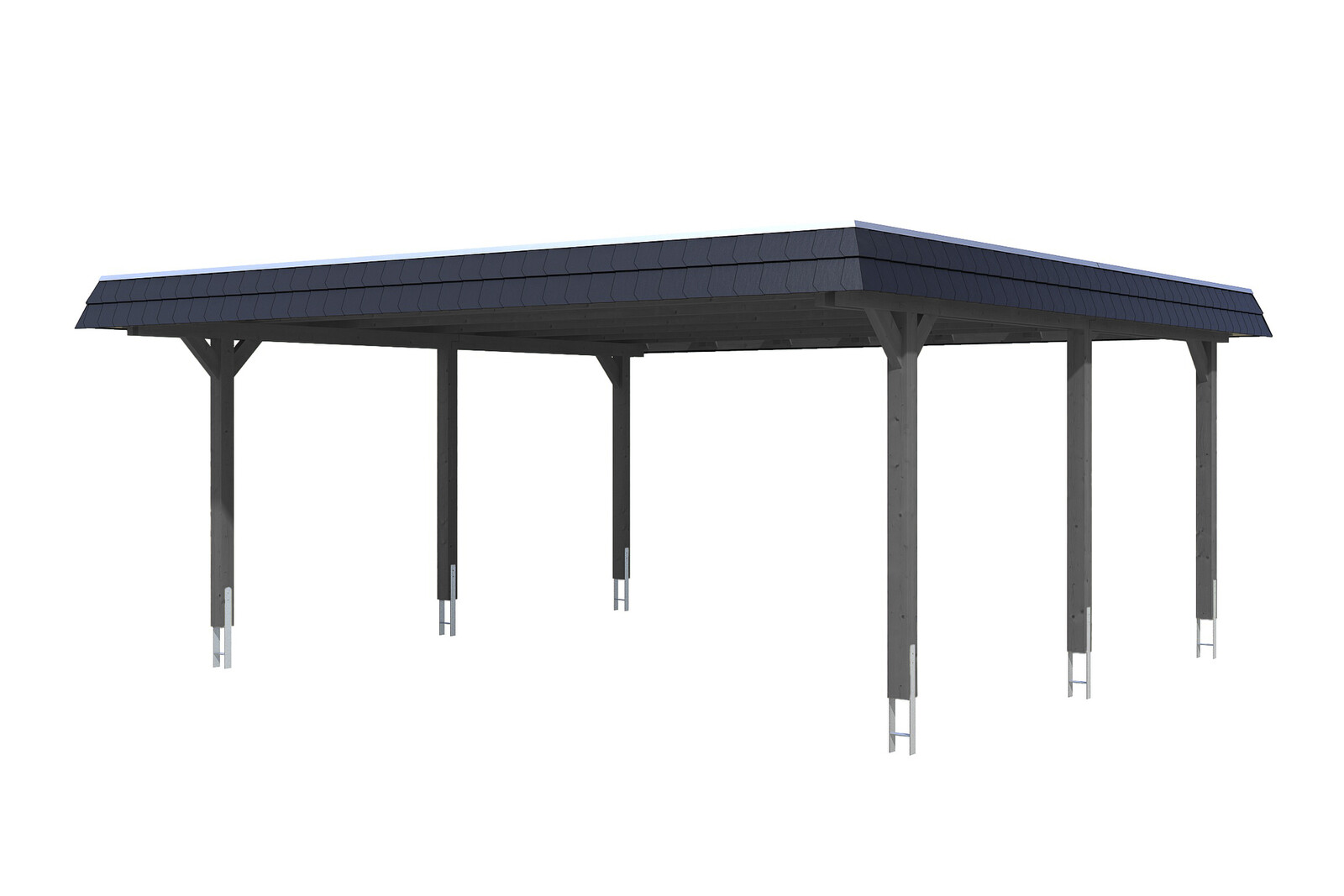 Carport WENDLAND 630x637cm, toit en aluminium, bandeau noir, bois lamellé-collé, traitement coloré gris ardoise