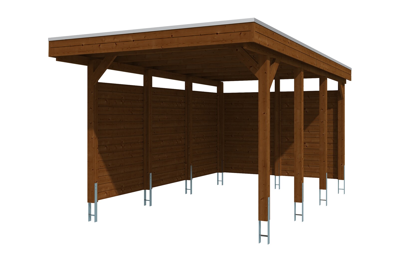 Carport FRIESLAND 314x555cm Set 1, avec paroi latérale et paroi arrière, bois résineux imprégné, traitement coloré noyer