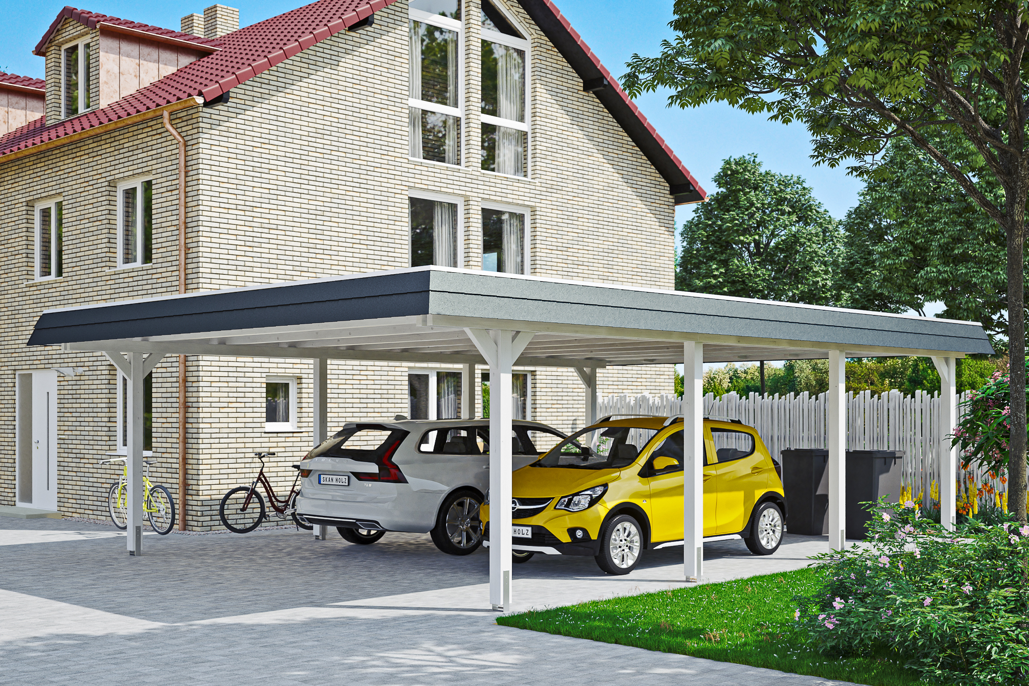 Ambientebild: Carport Wendland 630 x 879 cm, mit schwarzer Blende, farblich behandelt in weiß