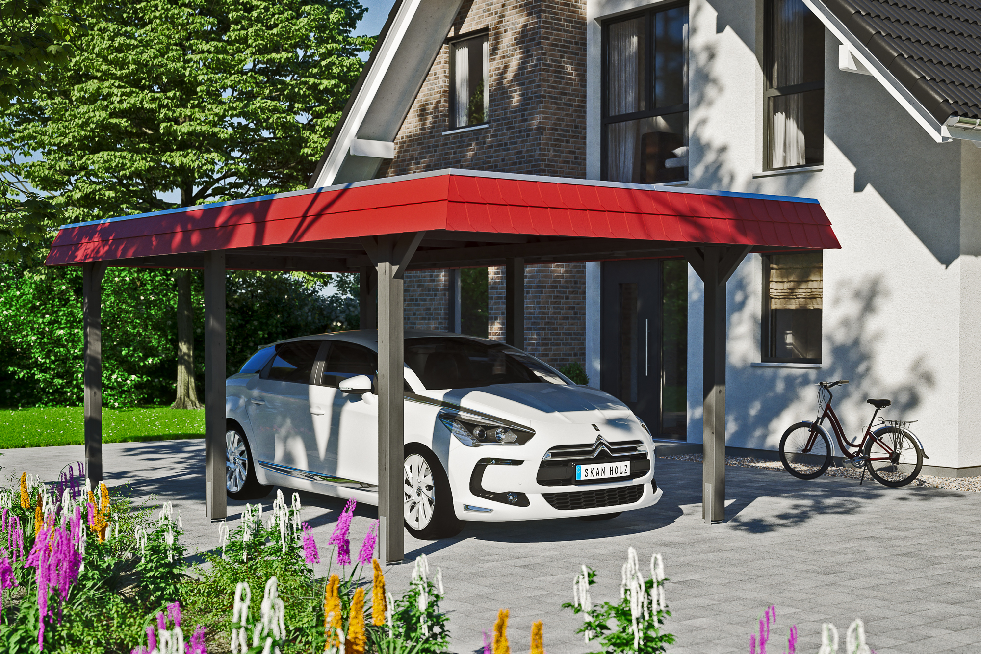 Ambientebild: Carport Wendland 362 x 628 cm, mit roter Blende, farblich behandelt in schiefergrau
