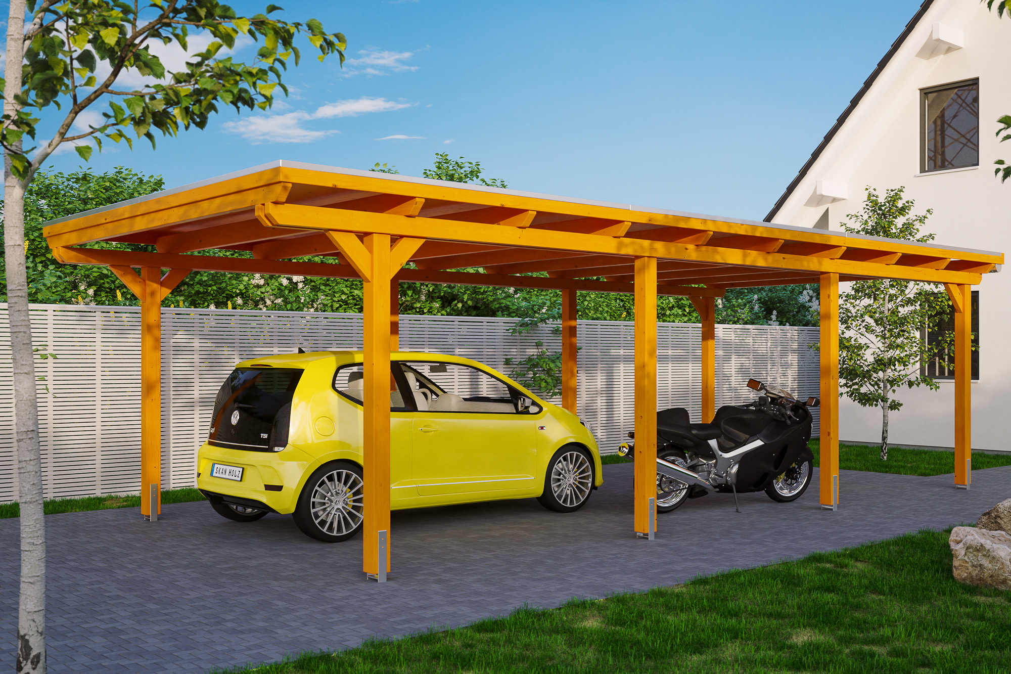 Ambientebild: Carport Emsland 404 x 846 cm, farblich behandelt in eiche hell