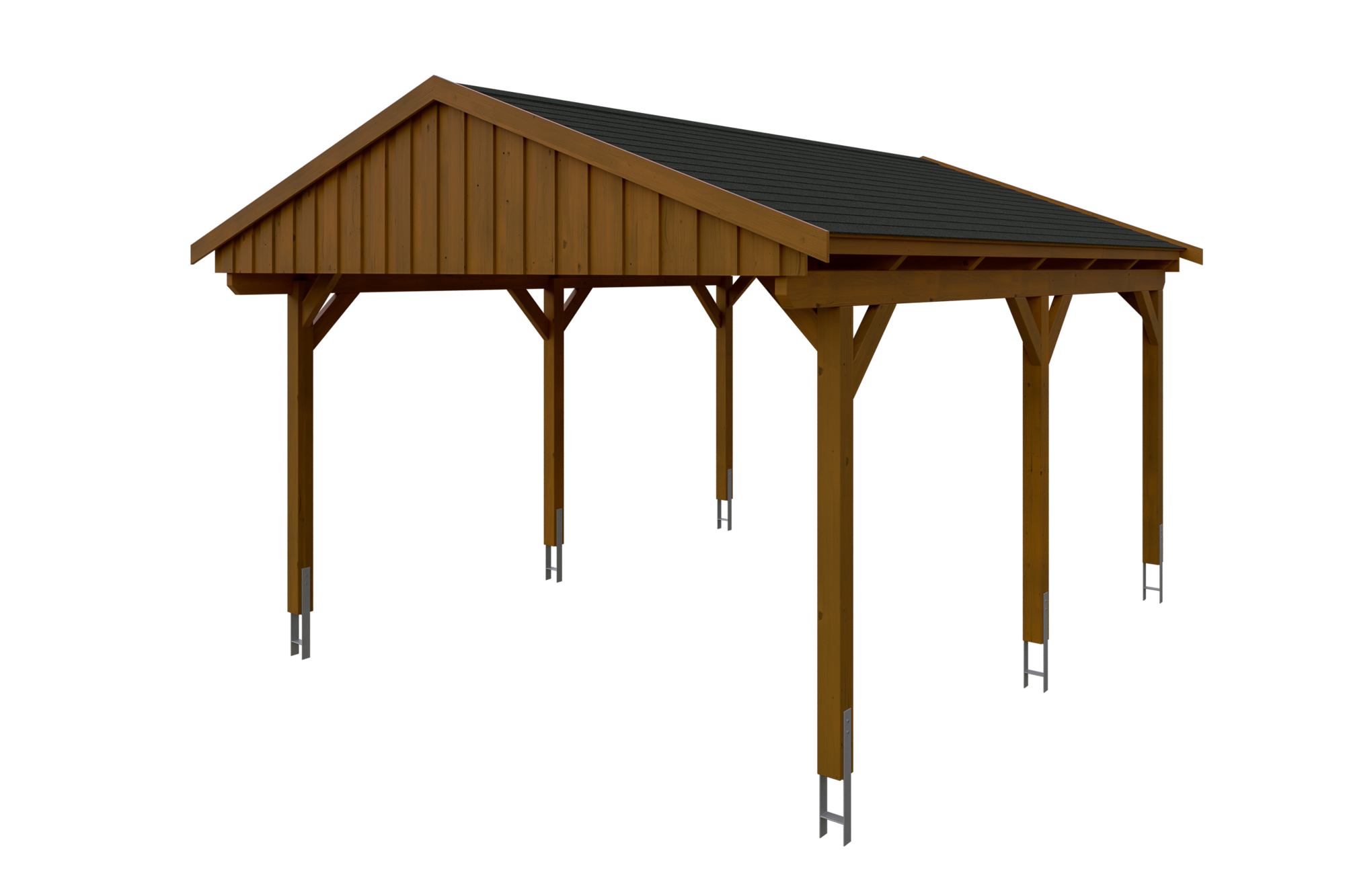 Produktbild: Carport Fichtelberg 423 x 566 cm, farblich behandelt in nussbaum, mit schwarzen Dachschindeln