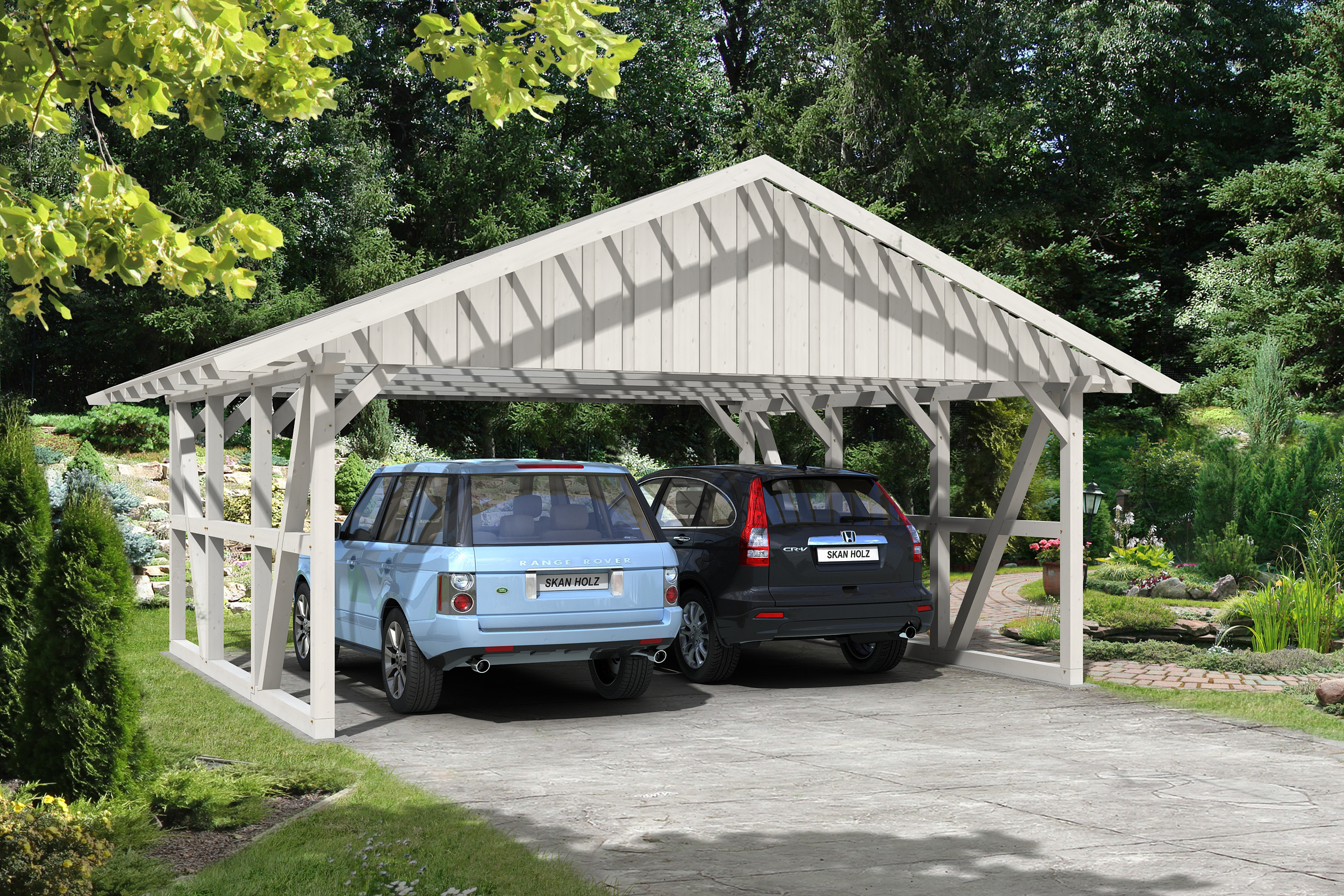 Carport SCHWARZWALD 684x600cm avec lattis, KVH-bois d'épinette, traitement coloré blanc