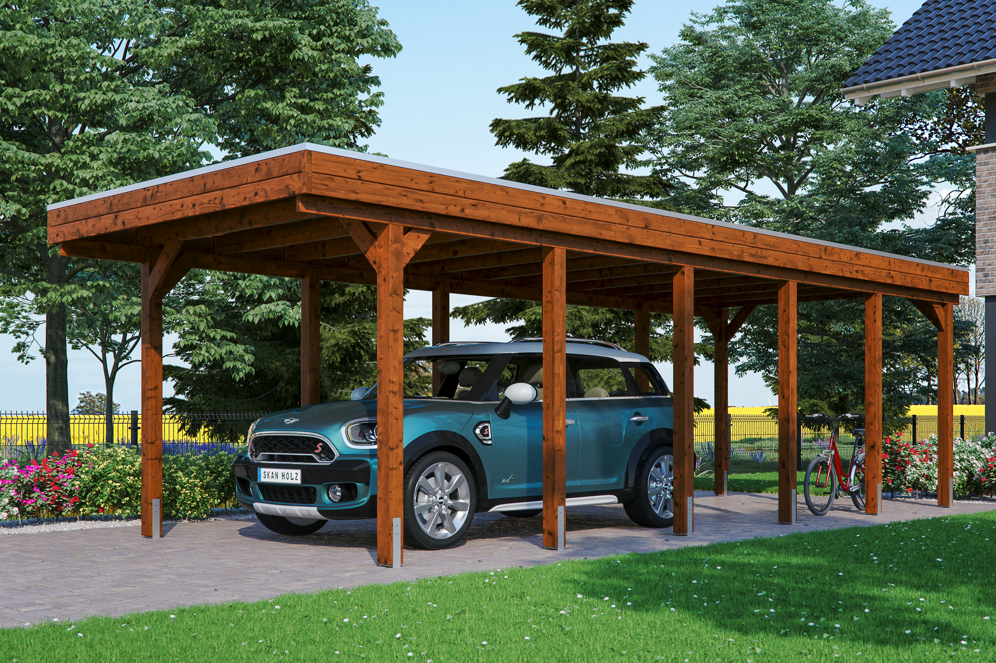 Carport Friesland 314 x 860 cm, gelakt in noten, met Aluminium dakplaten