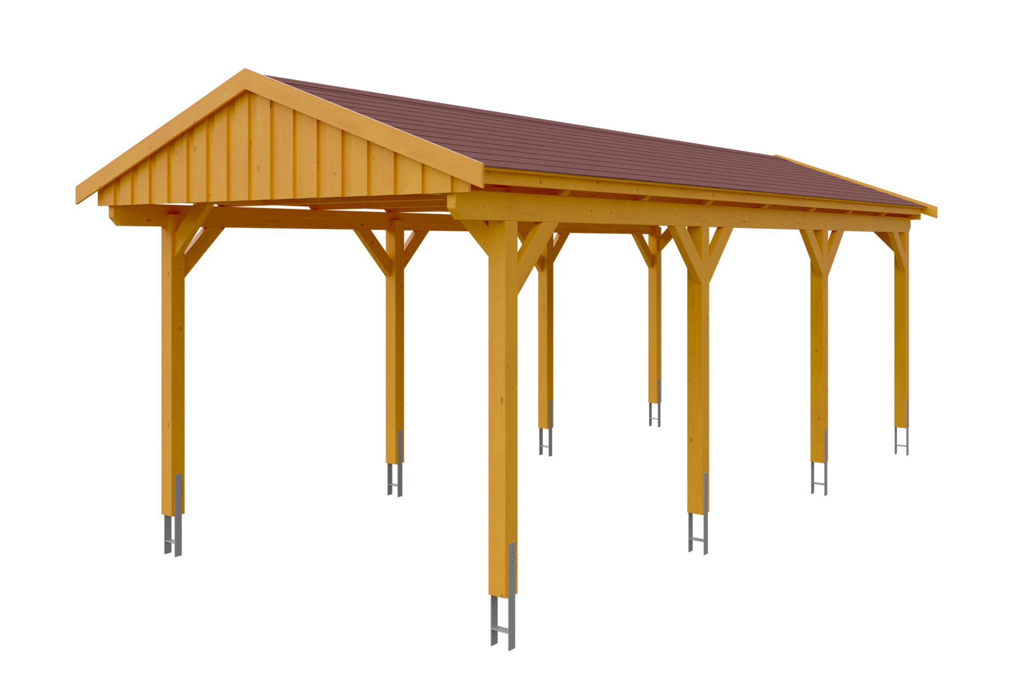 Produktbild: Carport Fichtelberg 317 x 808 cm, farblich behandelt in eiche hell, mit roten Dachschindeln