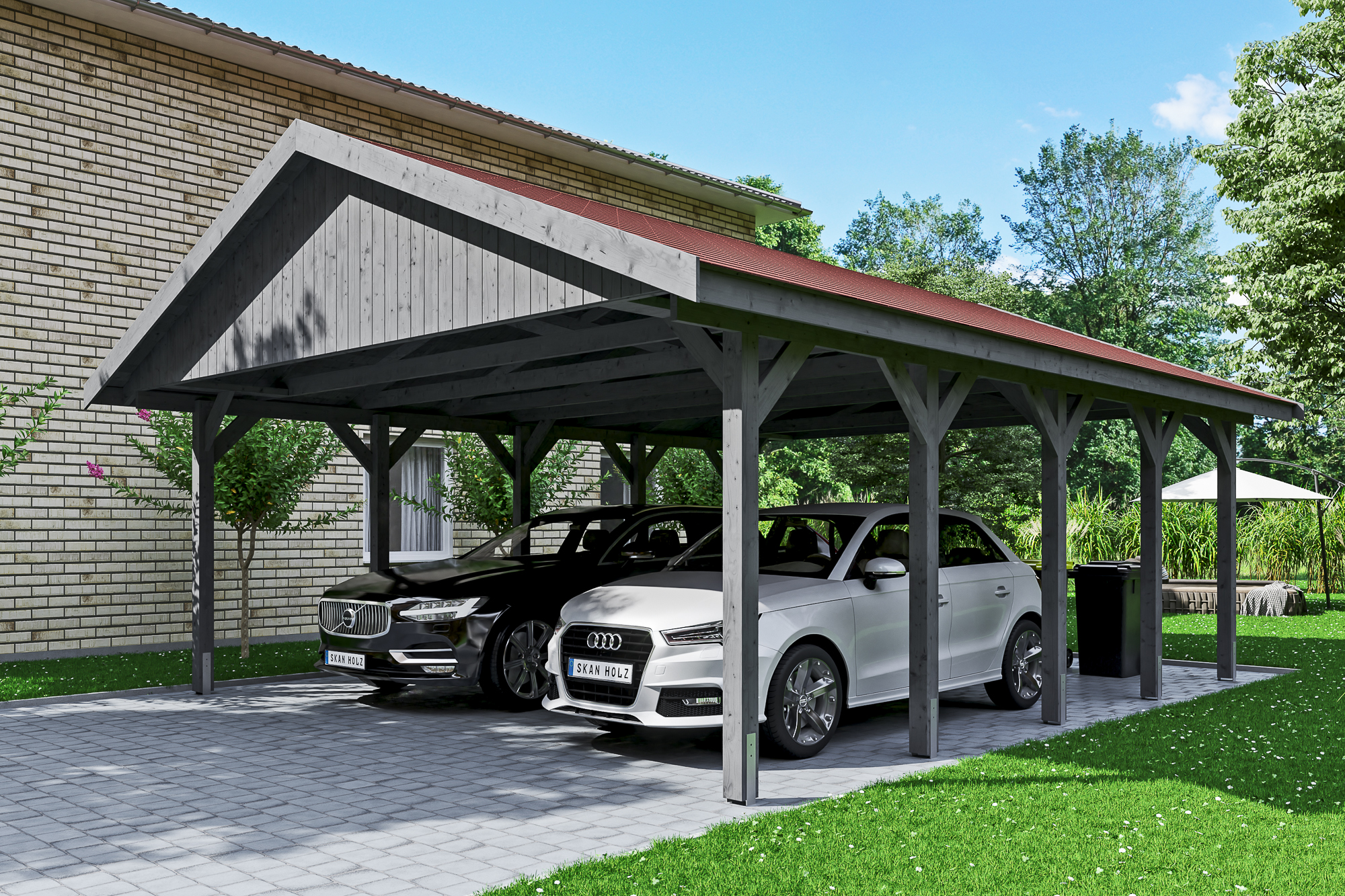 Carport Wallgau 620 x 750 cm, gelakt in leigrijs, inclusief rode dakshingels