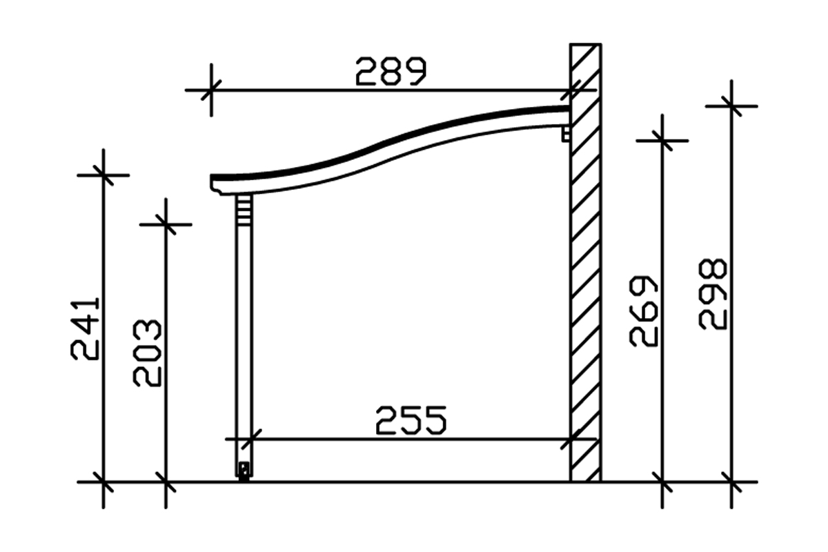 Grafik (Schnitt): Terrassenüberdachung Verona, Tiefe 289 cm