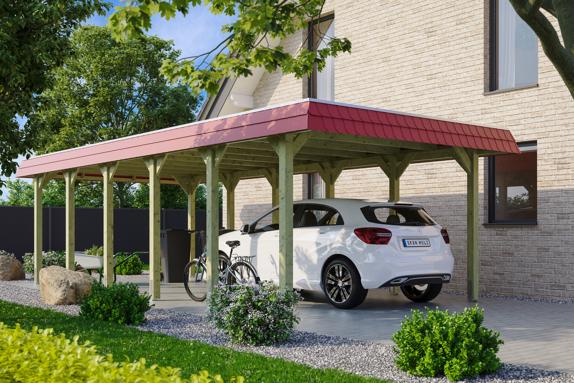 Ambientebild: Carport Spreewald 396 x 893 cm mit roter Blende, grün imprgniert