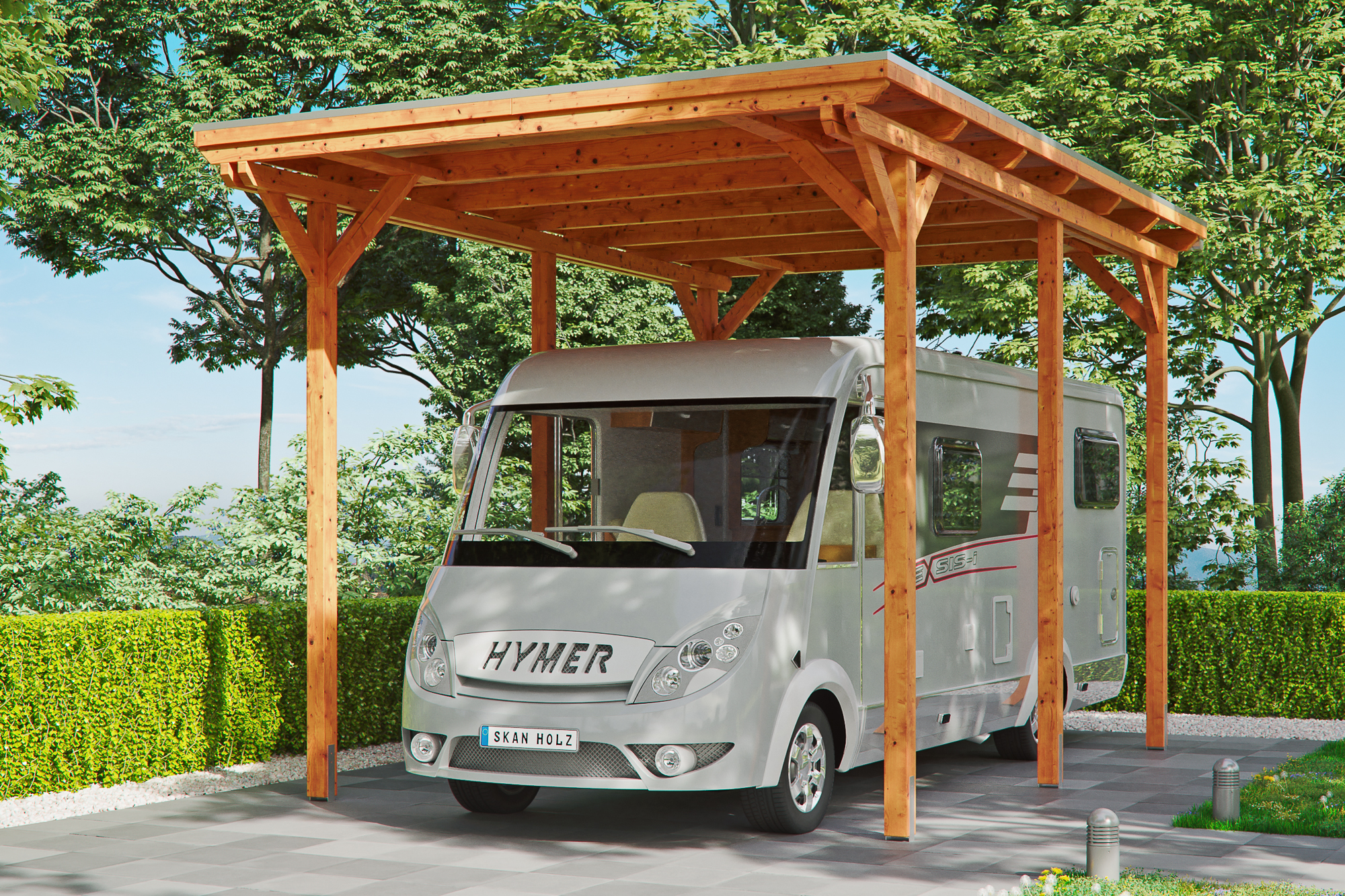 Ambientebild: Carport Emsland Caravan 404 x 604 cm, farblich behandelt in eiche hell