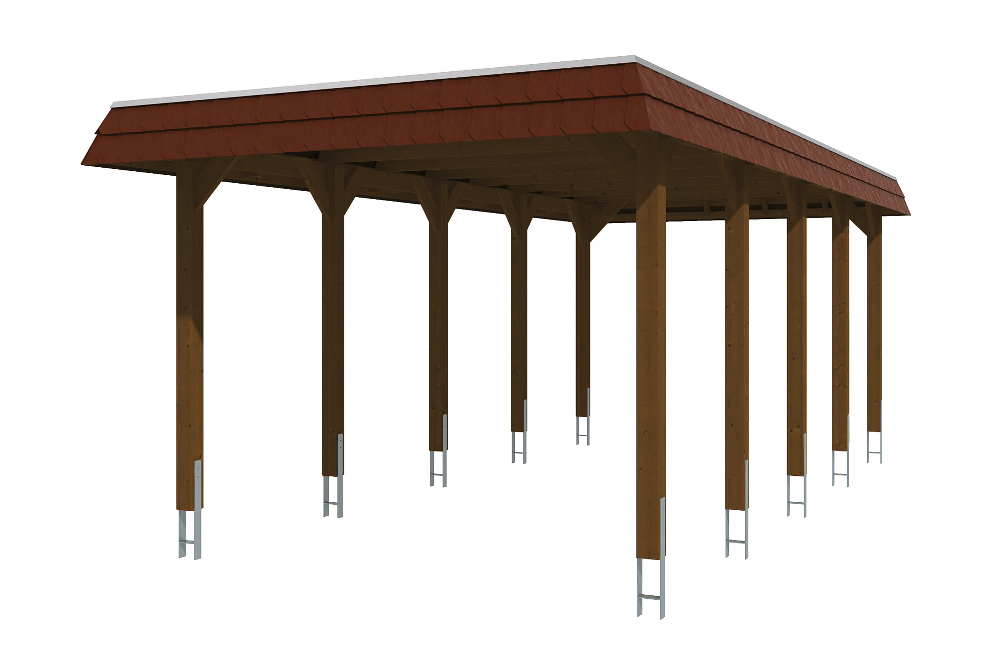 Produktbild: Carport Spreewald 345 x 741 cm mit roter Blende, farblich behandelt in nussbaum