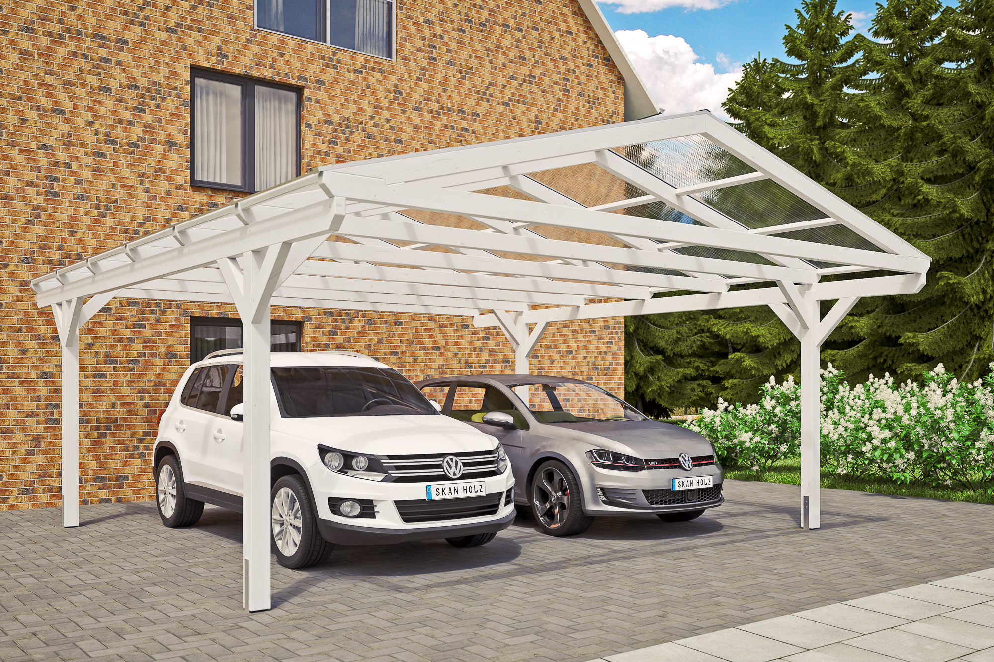 Ambientebild: Carport Westerwald 570 x 648 cm, farblich behandelt in weiß