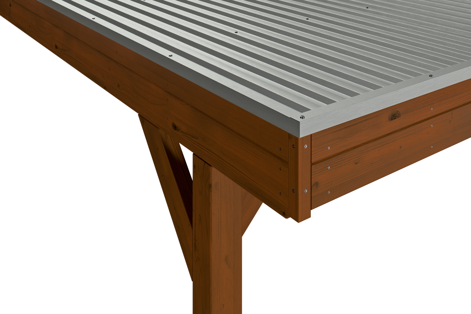 Detailbild: Aluminiumdachplatten und Dachblende beim Einzelcarport Grunewald, farblich behandelt in nussbaum