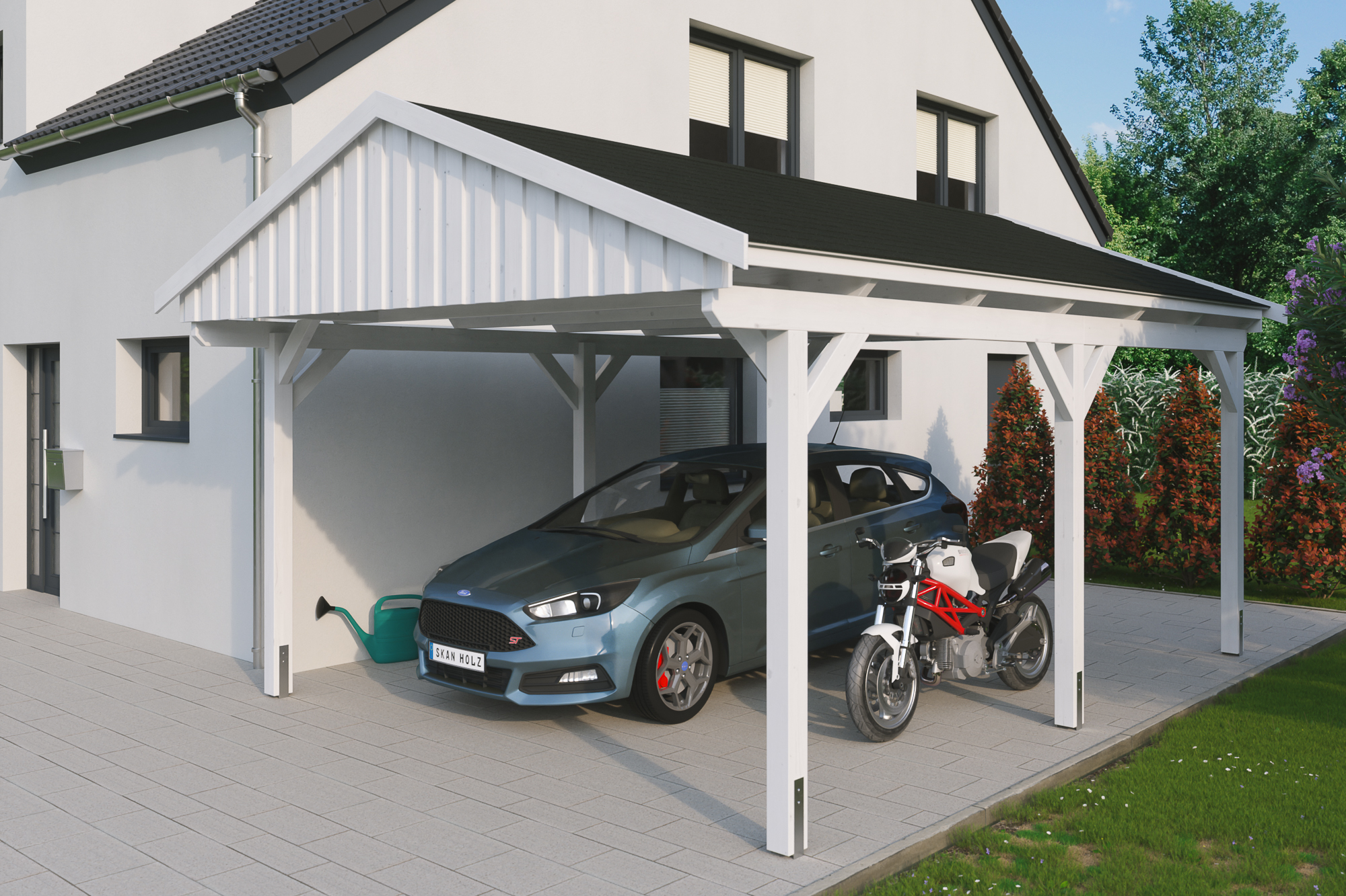 Ambientebild: Carport Fichtelberg 423 x 566 cm, farblich behandelt in weiß, mit schwarzen Dachschindeln
