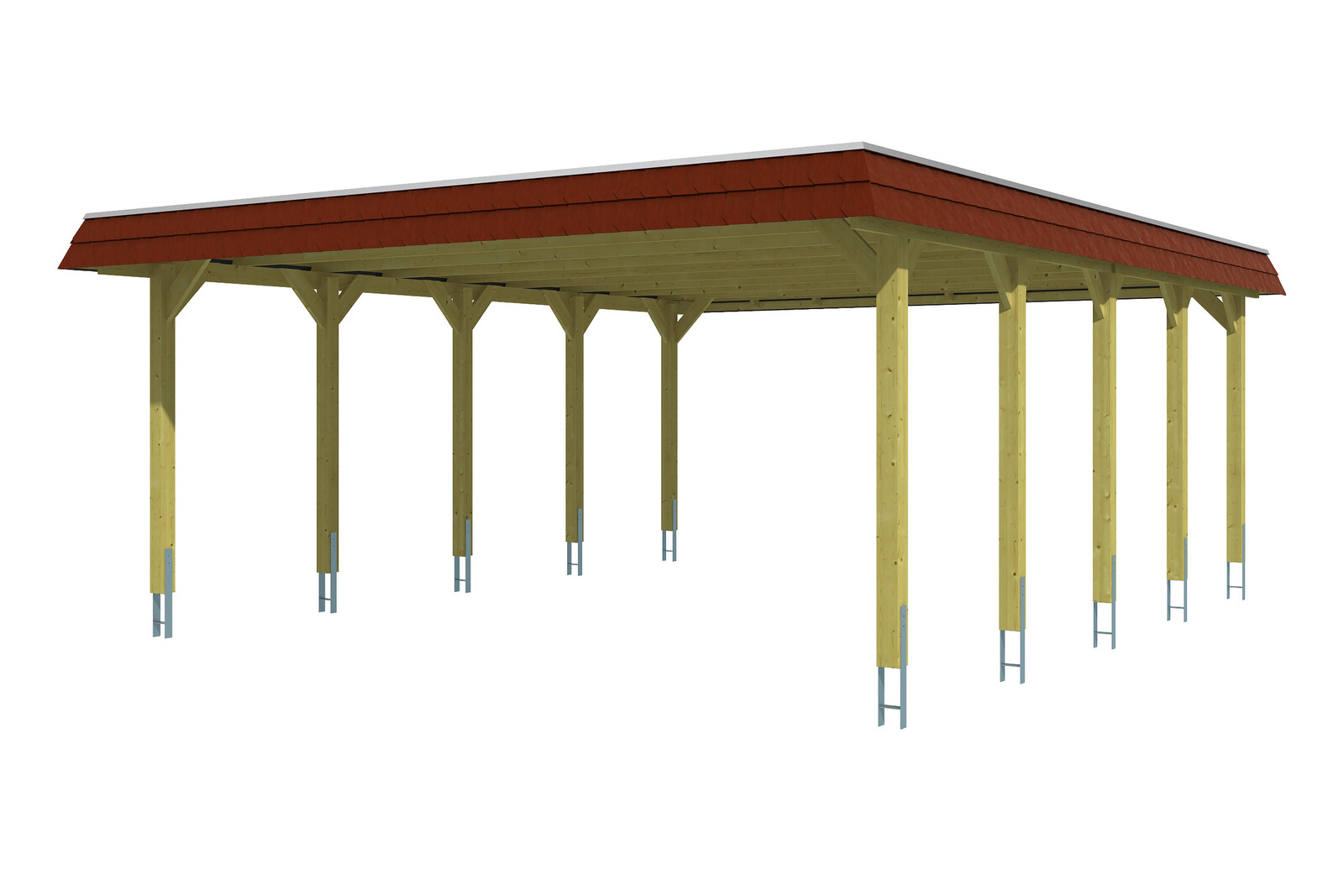 Carport Spreewald 585 x 741 cm mit EPDM-Dach, rote Blende, nussbaum