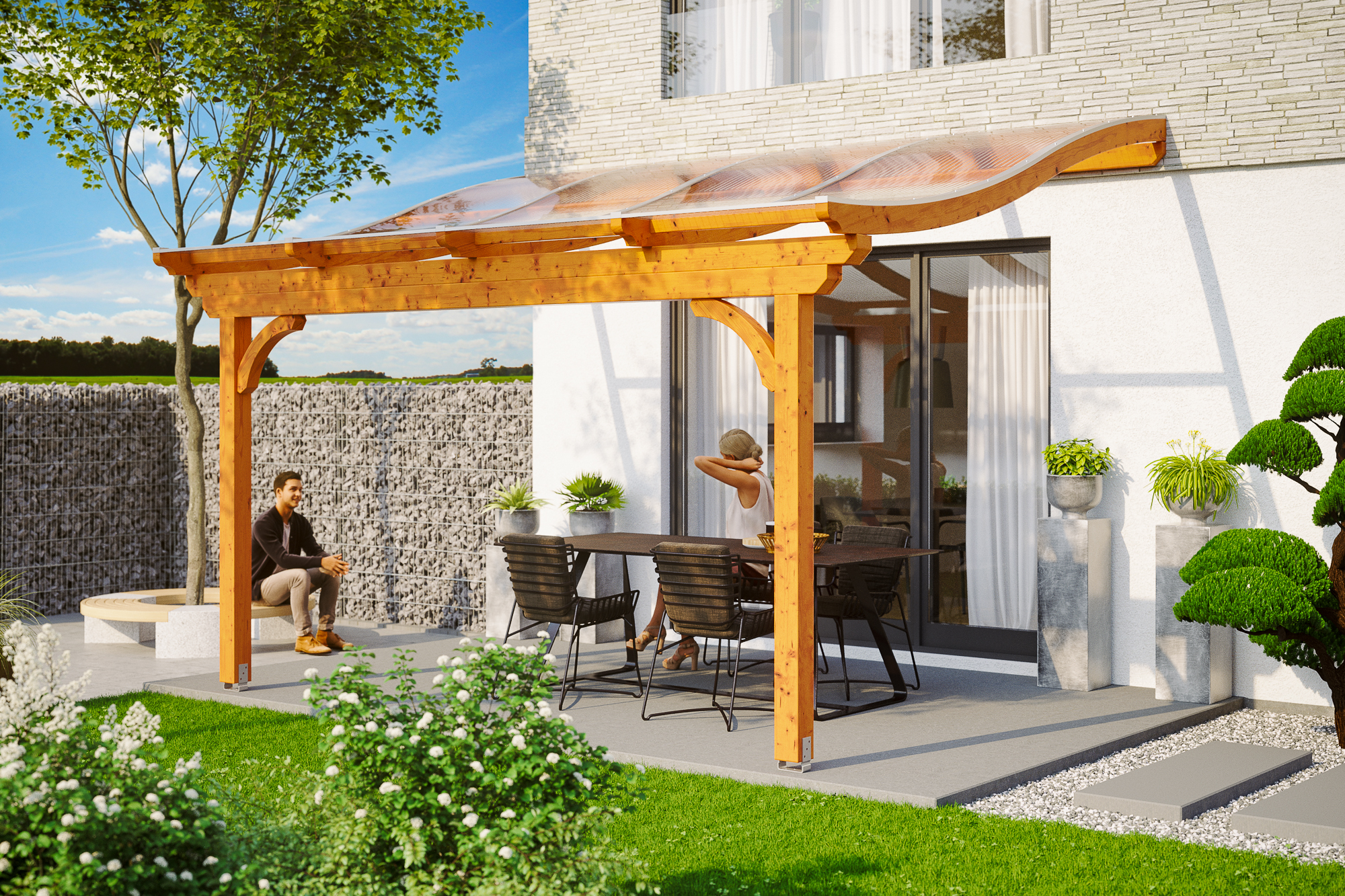 Terrasoverkapping Verona 434 x 239 cm, gelamineerd hout, gelakt in licht eiken