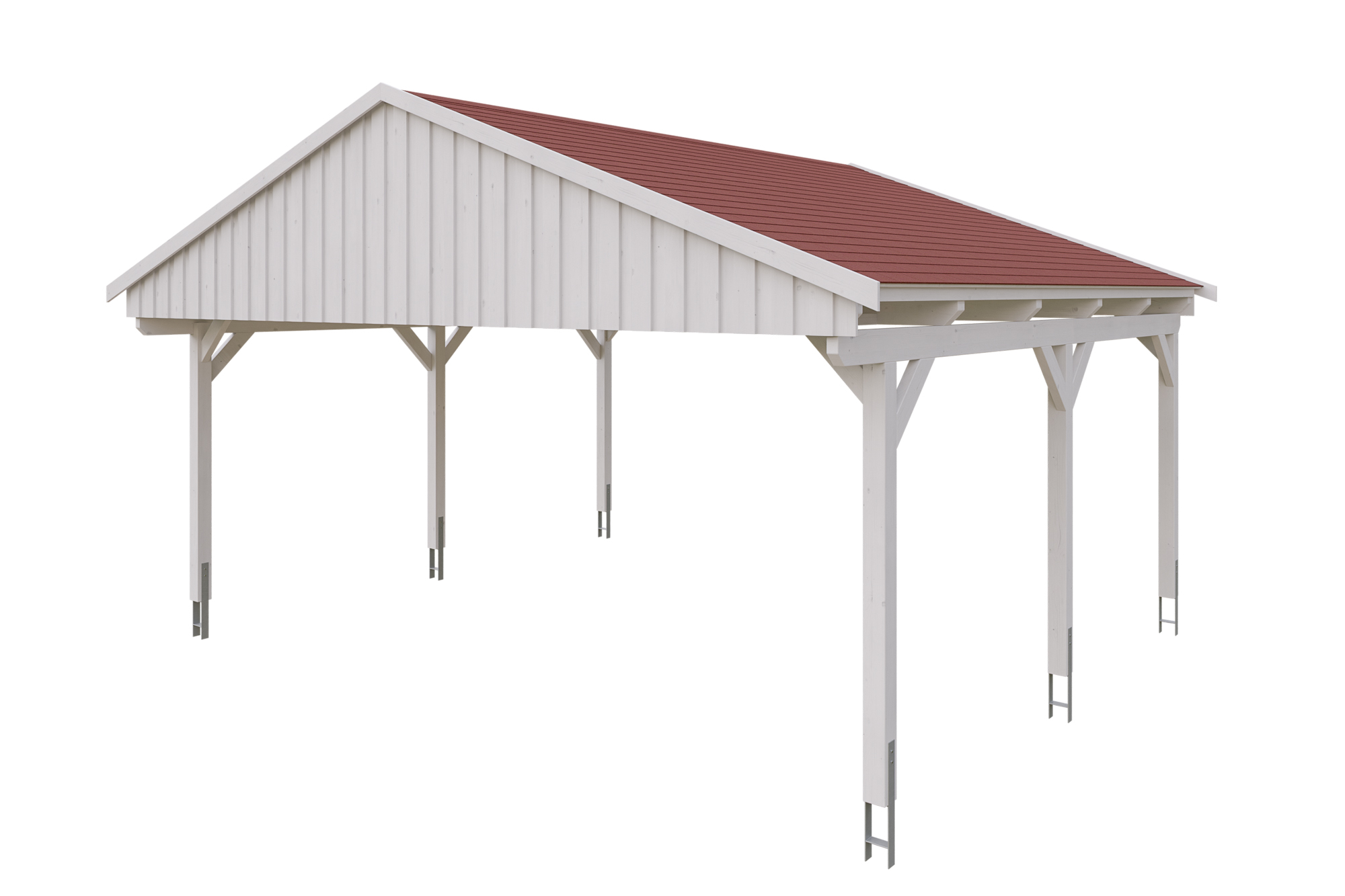 Produktbild: Carport Fichtelberg 618 x 566 cm, farblich behandelt in weiß, mit roten Dachschindeln