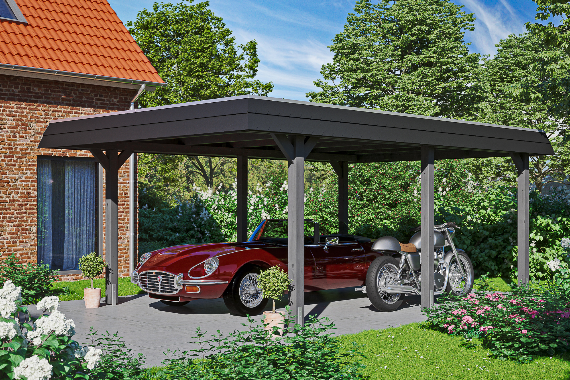 Ambientebild: Carport Wendland 409 x 628 cm, mit schwarzer Blende, farblich behandelt in schiefergrau