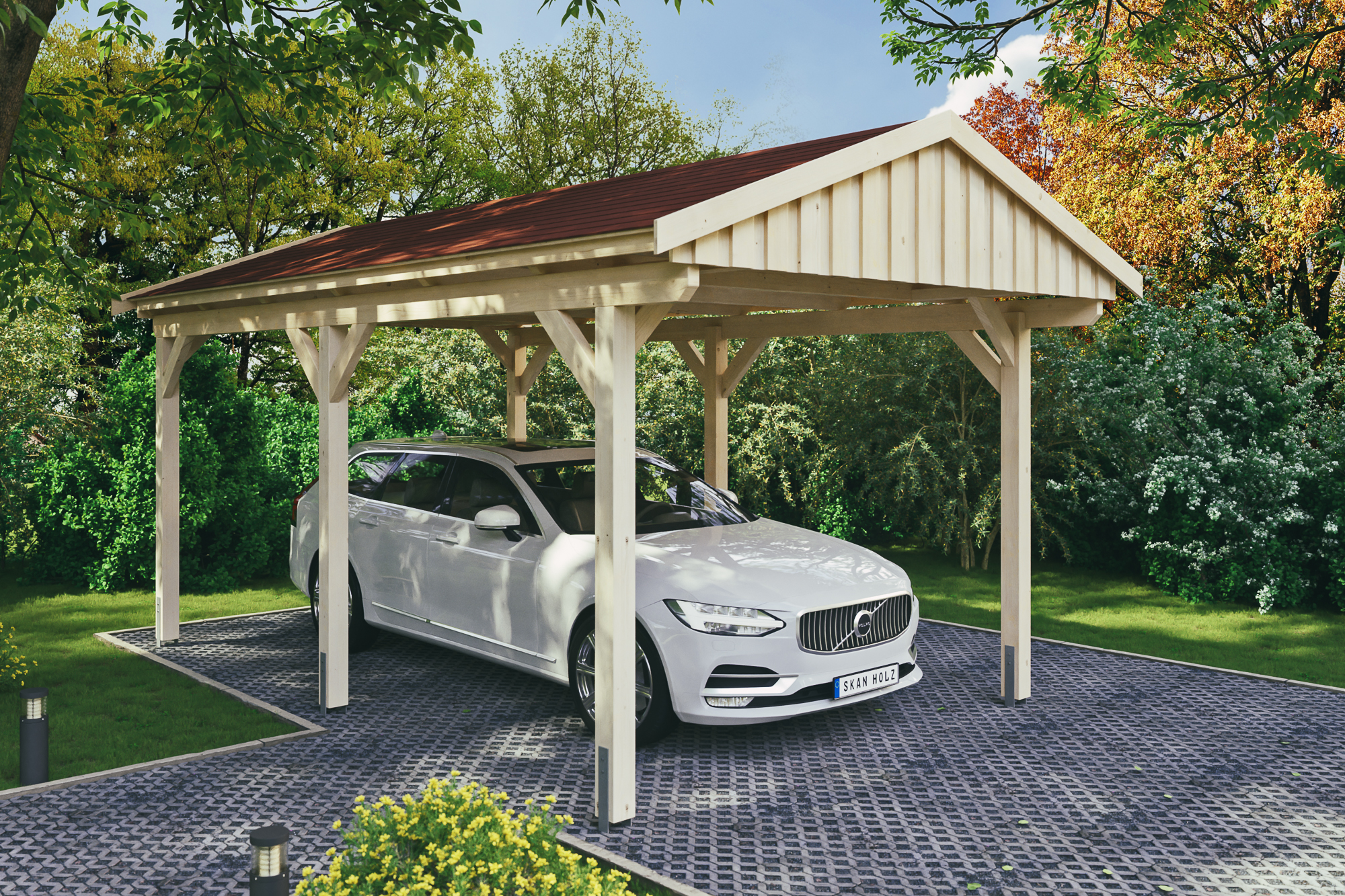 Ambientebild: Carport Fichtelberg 317 x 566 cm, natur, mit roten Dachschindeln