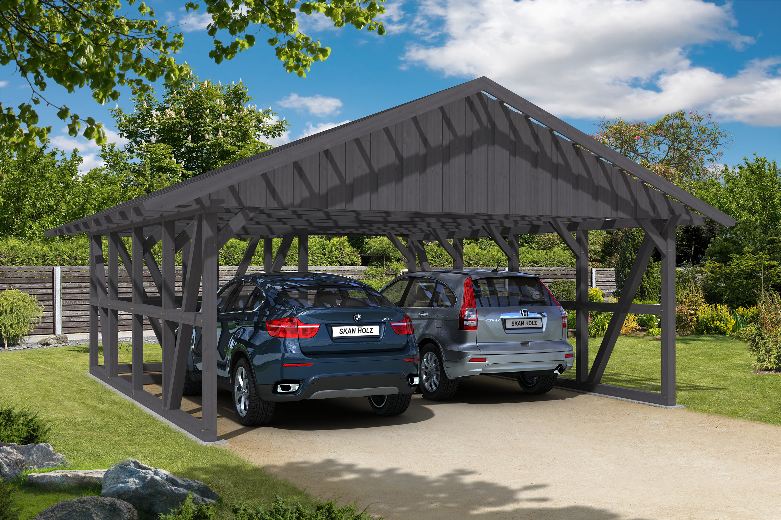Carport Schwarzwald 684 x 772 cm, met bergruimte 274cm, met daklatten, gelakt in leigrijs