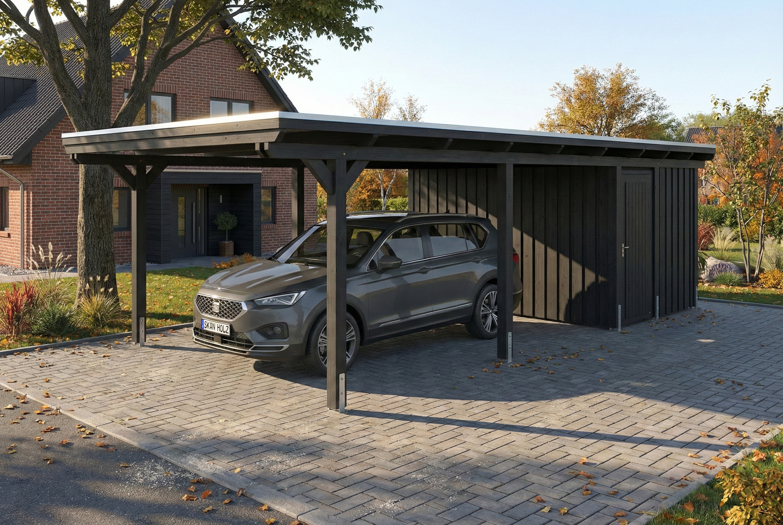Carport Emsland 402 x 846 cm mit EPDM-Dach, mit Abstellraum, anthrazit