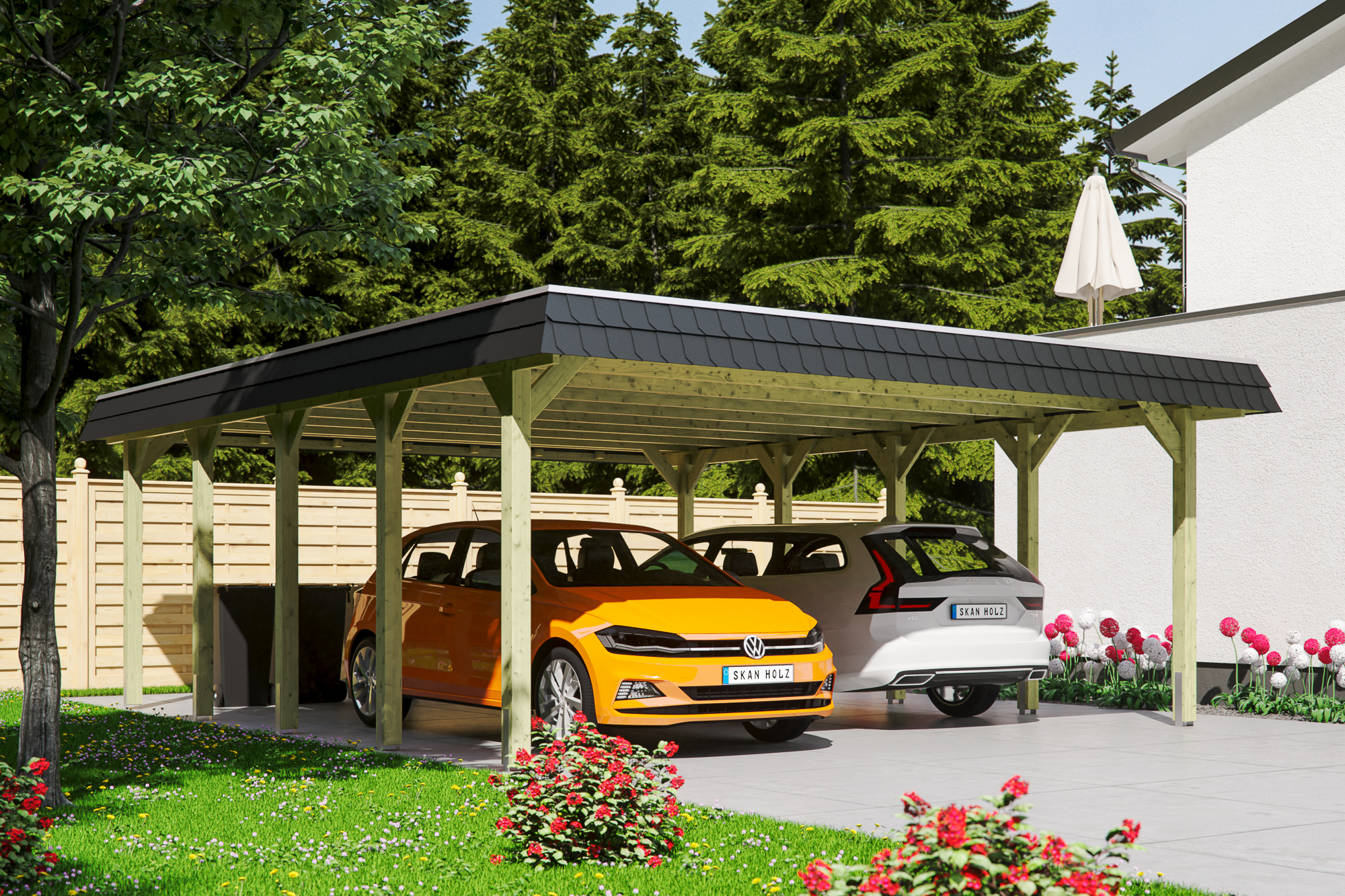 Ambientebild: Carport Spreewald 585 x 741 cm mit schwarzer Blende, grün imprgniert