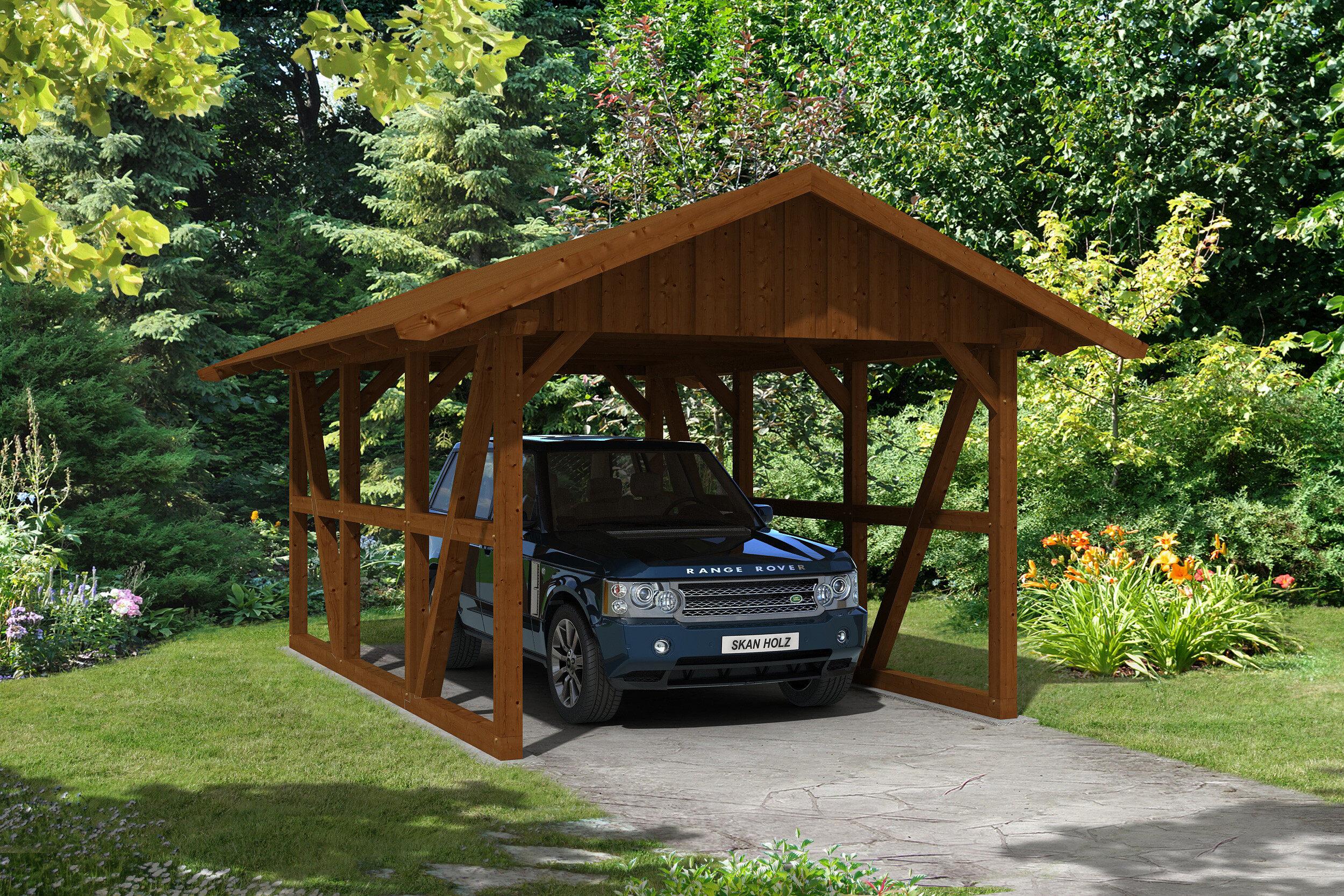 Carport SCHWARZWALD 434x600cm avec planches de toit, KVH-bois d'épinette, traitement coloré noyer