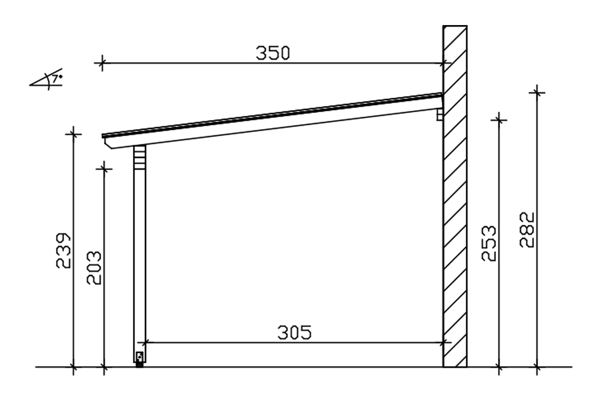 Grafik (Schnitt): Terrassenüberdachung Ancona, Tiefe 350 cm
