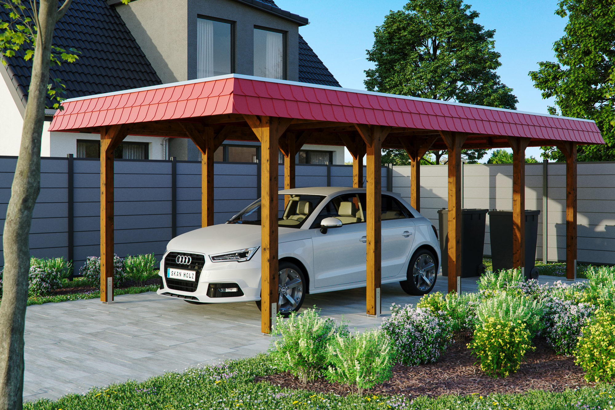 Ambientebild: Carport Spreewald 345 x 741 cm mit roter Blende, farblich behandelt in nussbaum