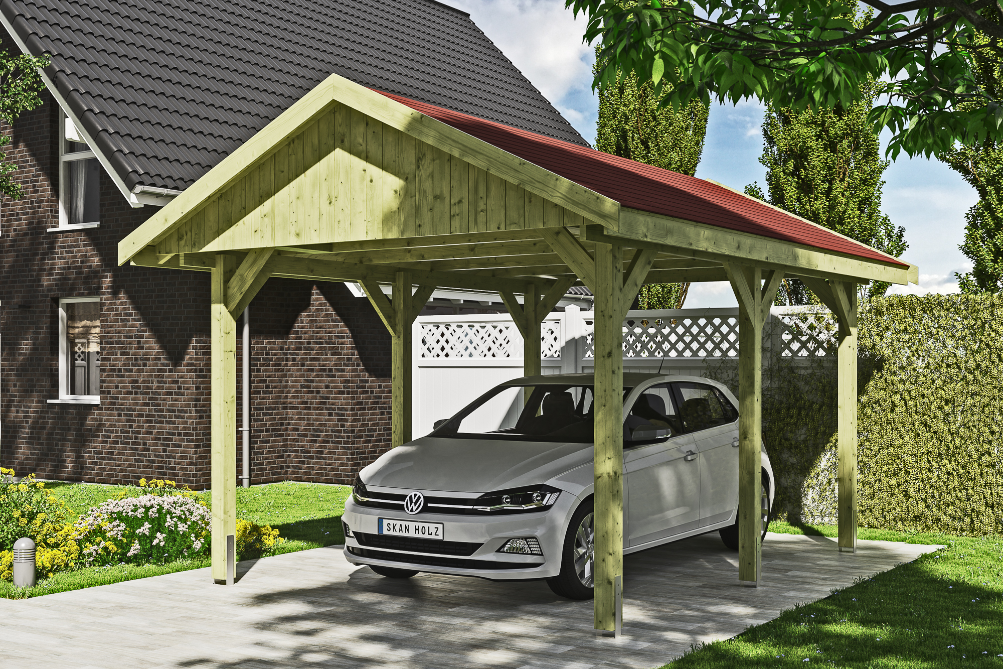 Ambientebild: Carport Wallgau 380 x 500 cm, mit roten Dachschindeln, grün imprägniert 