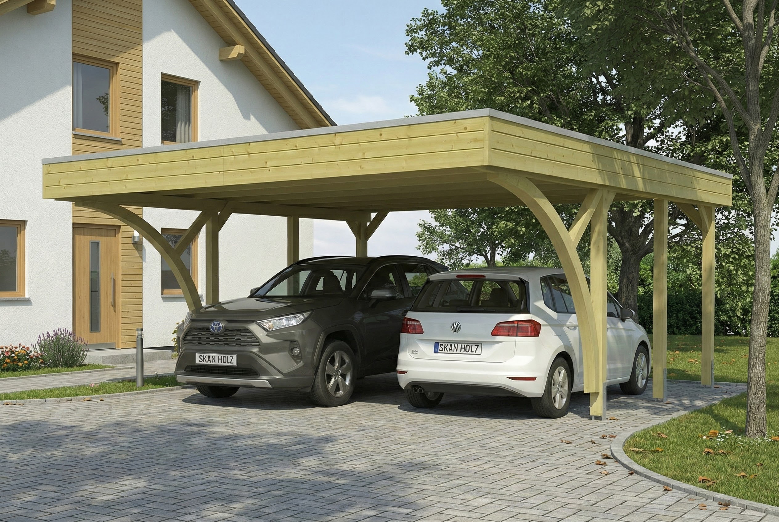 Carport Friesland Set H, 546 x 555 cm, mit zwei Einfahrtsbögen, grün imprägniert