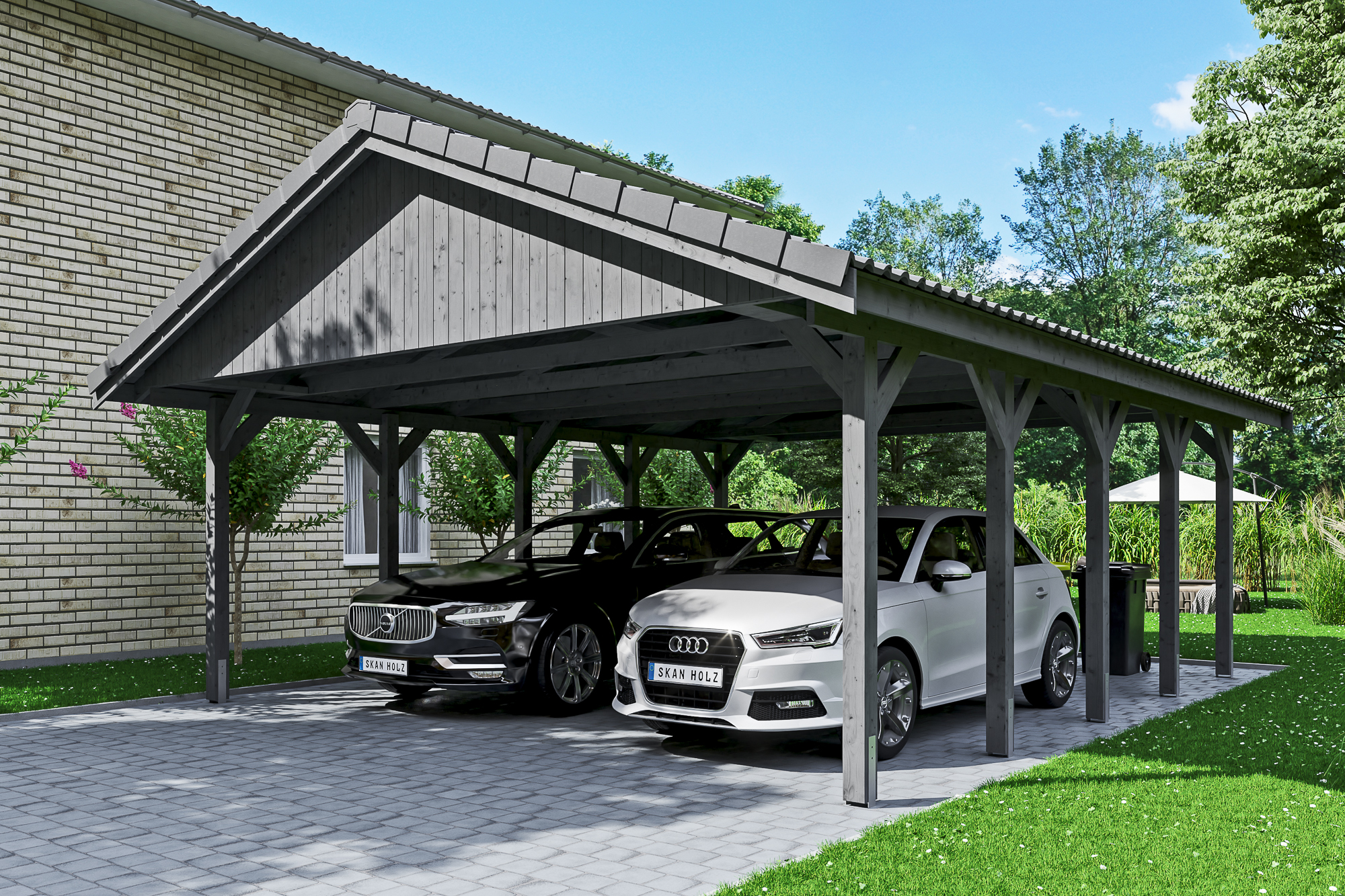 Ambientebild: Carport Wallgau 620 x 750 cm, mit Dachziegeln, farblich behandelt in schiefergrau