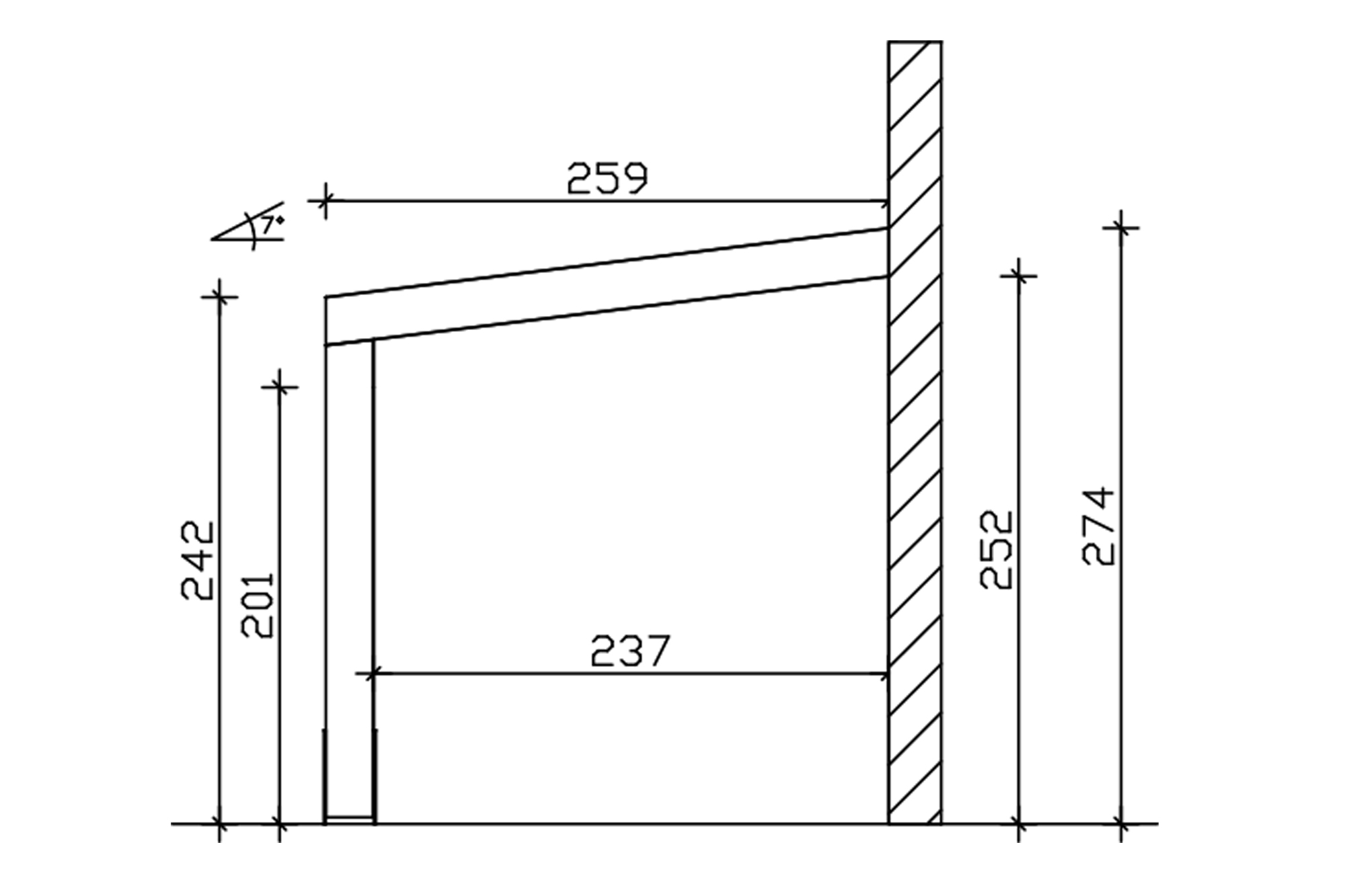 Grafik (Schnitt): Terrassenüberdachung Novara, Tiefe 259 cm