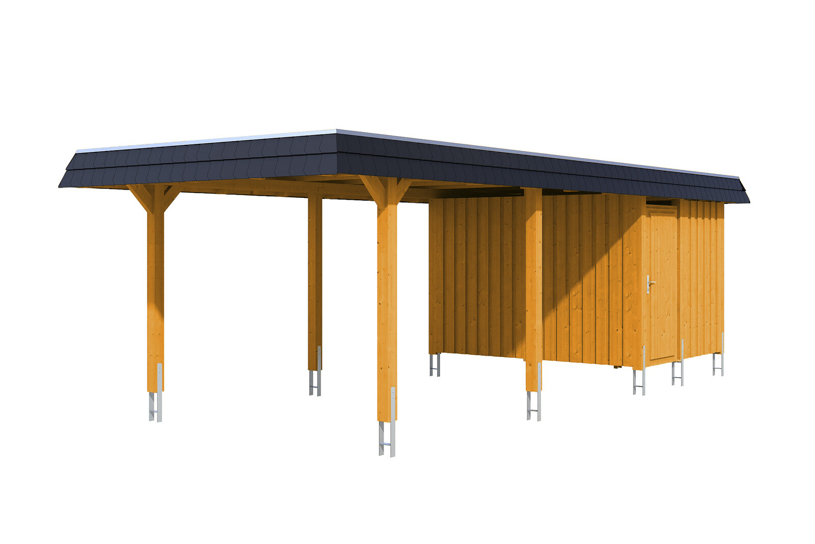 Carport Wendland mit Abstellraum 362 x 870 cm mit Aluminiumdach, schwarze Blende, eiche hell