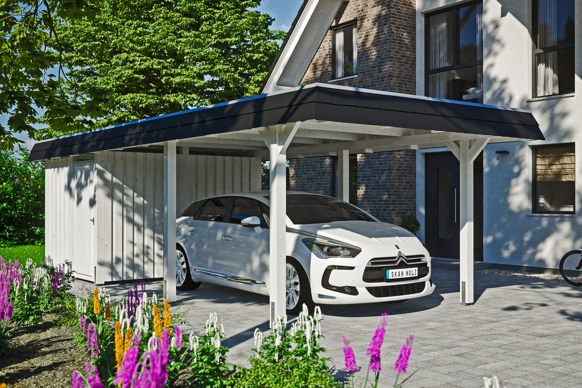 Ambientebild: Carport Wendland 362 x 870 cm, mit Abstellraum, mit schwarzer Blende, farblich behandelt in weiß