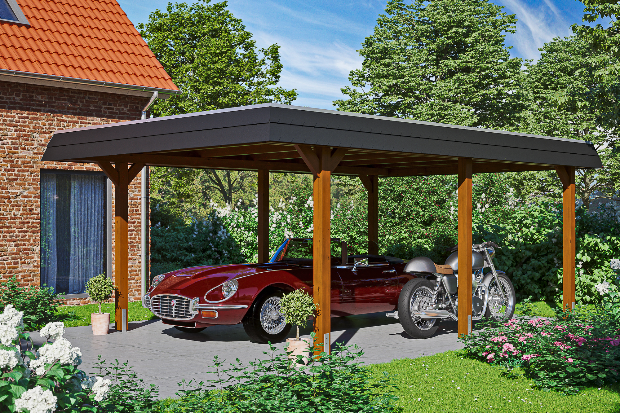 Ambientebild: Carport Wendland 409 x 628 cm, mit schwarzer Blende, farblich behandelt in nussbaum
