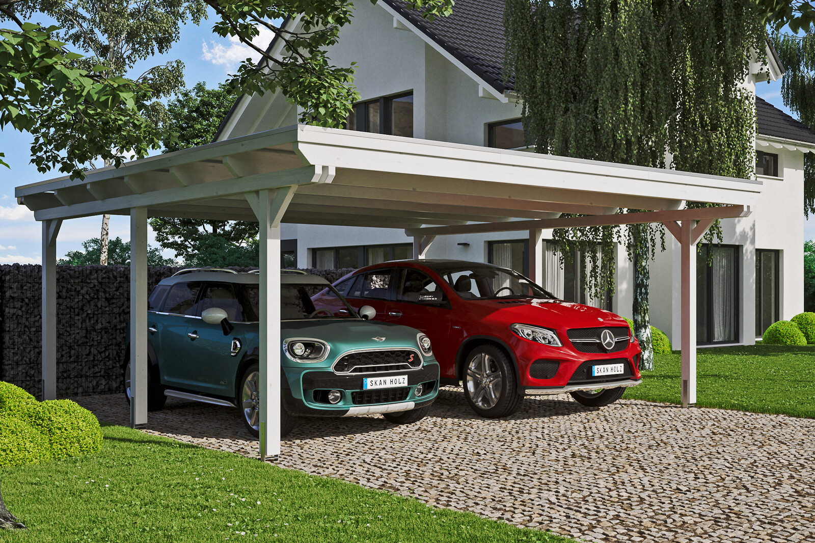 Carport Emsland 613 x 604 cm, gelakt in wit, met dakbetimmering en EPDM-folie