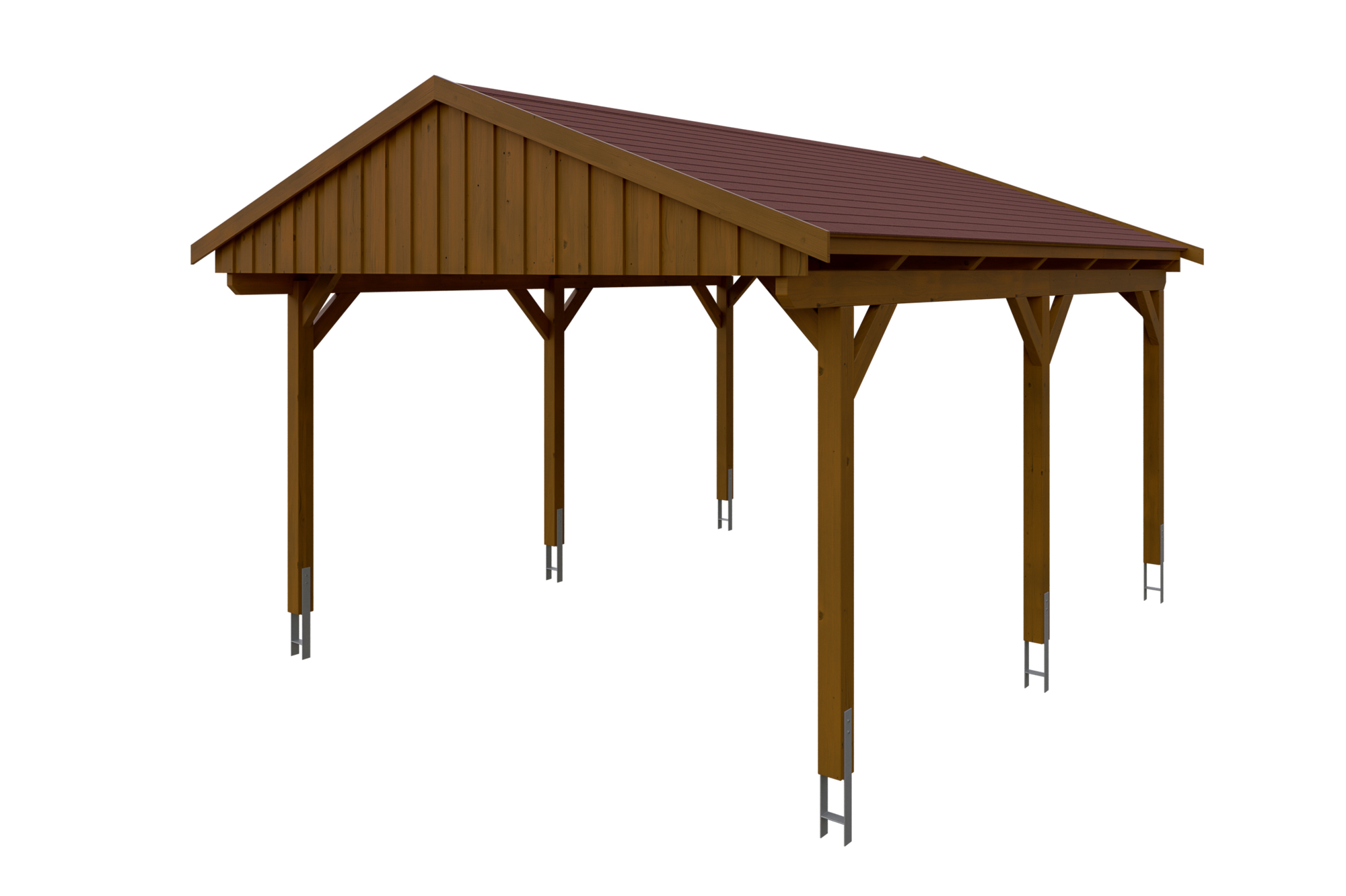 Produktbild: Carport Fichtelberg 423 x 566 cm, farblich behandelt in nussbaum, mit roten Dachschindeln