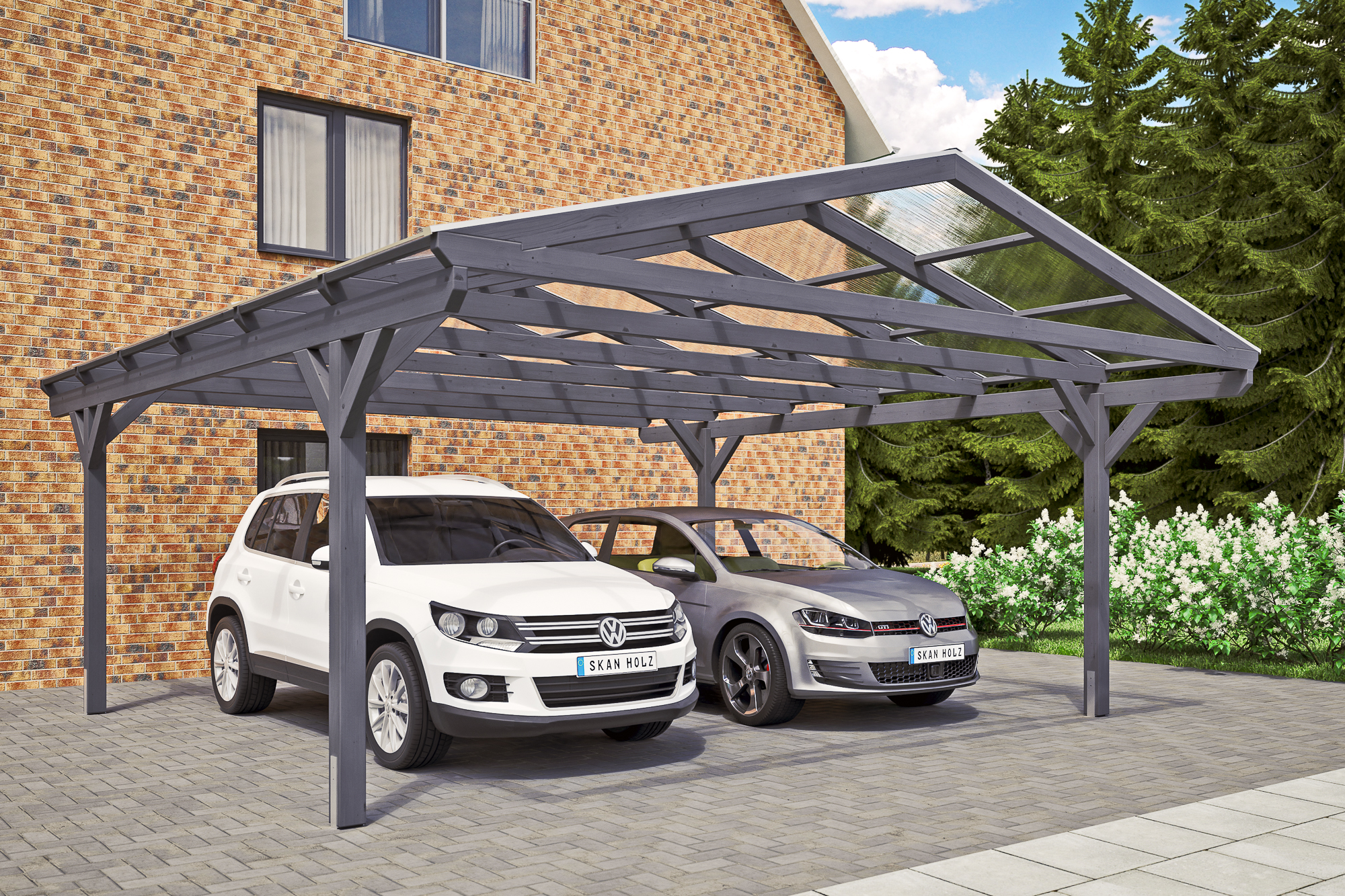 Carport Westerwald 570 x 648 cm, gelakt in leigrijs, met polycarbonaatplaten