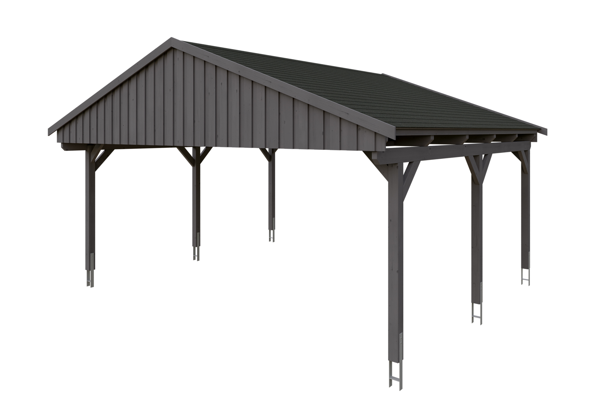 Carport Fichtelberg 618 x 566 cm, zwarte dakshingels, gelakt in leigrijs