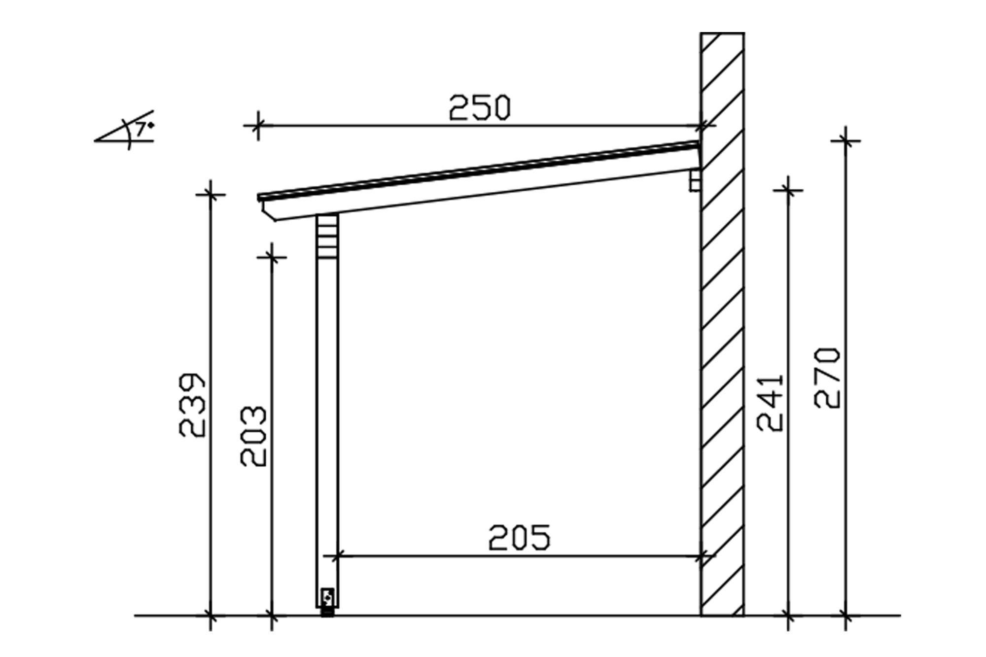 Grafik (Schnitt): Terrassenüberdachung Ancona, Tiefe 250 cm