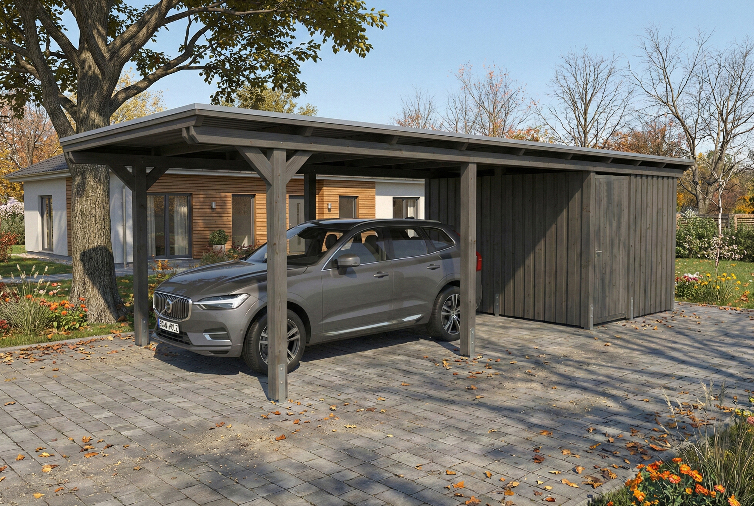 Carport Emsland 340 x 846 cm avec toit EPDM, avec remise, gris ardoise