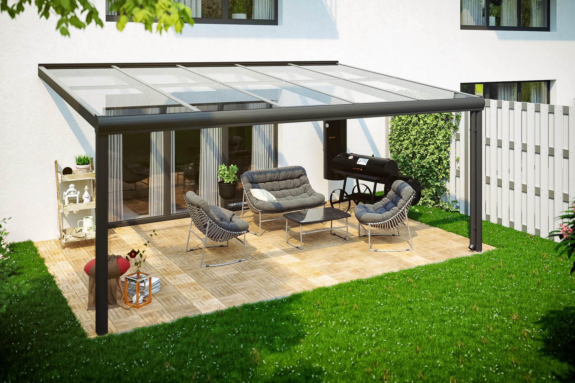 Ambientebild: Terrassenüberdachung Modena, Breite 541 cm, farblich behandelt in anthrazit