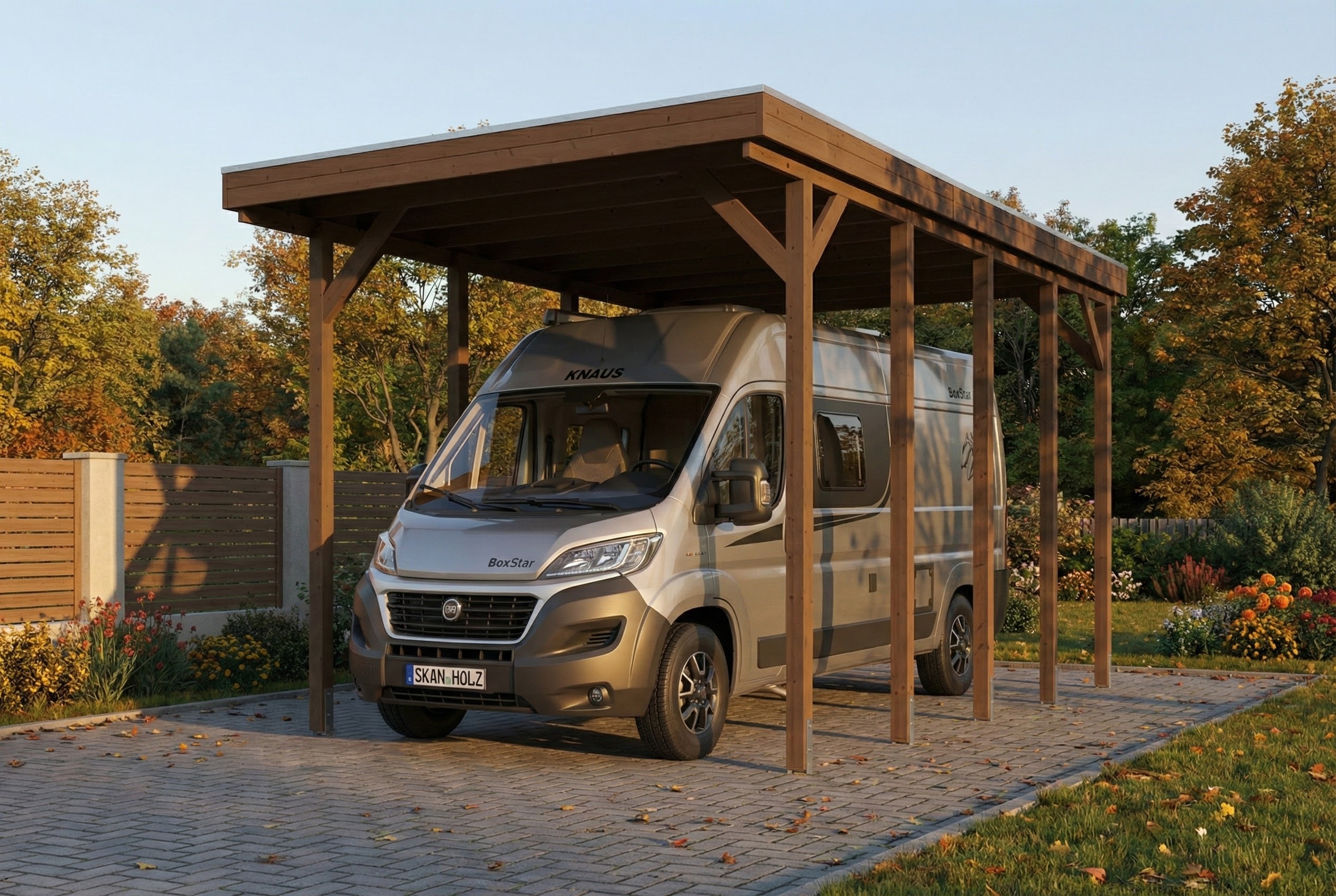 Friesland carport 402 x 708 cm, met dakplaten, walnoot