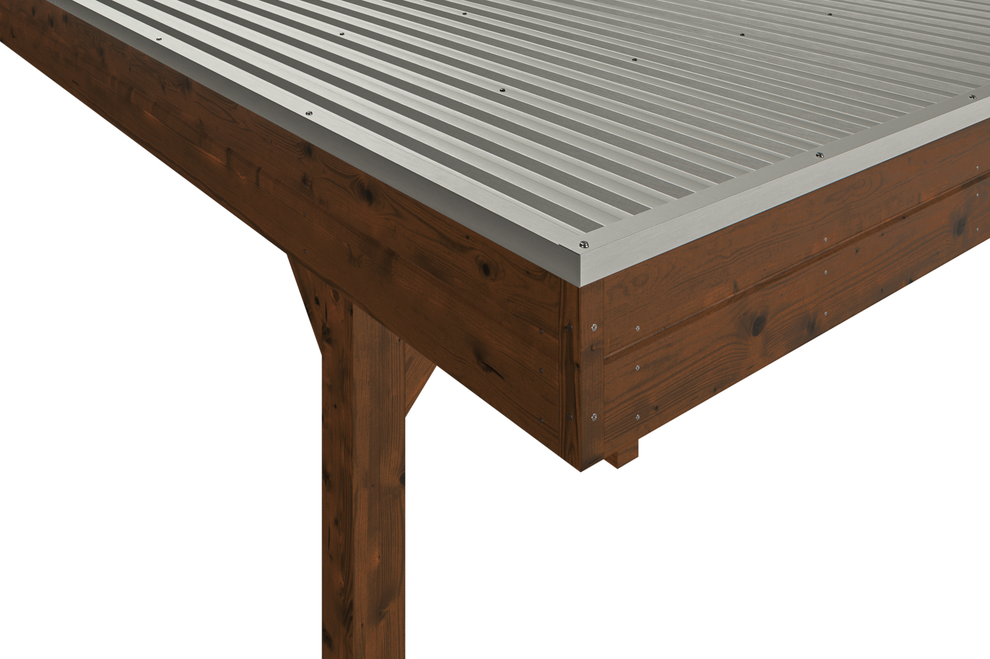 Detailbild: Aluminiumdachplatten und Dachblende beim Einzelcarport Friesland, farblich behandelt in nussbaum