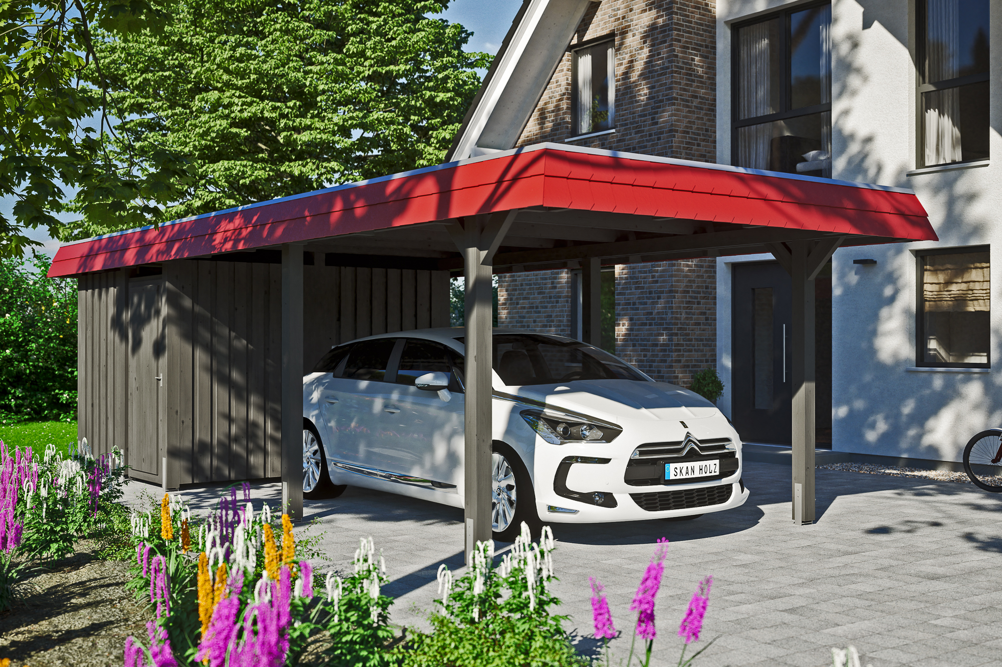 Ambientebild: Carport Wendland 362 x 870 cm, mit Abstellraum, mit roter Blende, farblich behandelt in schiefergrau