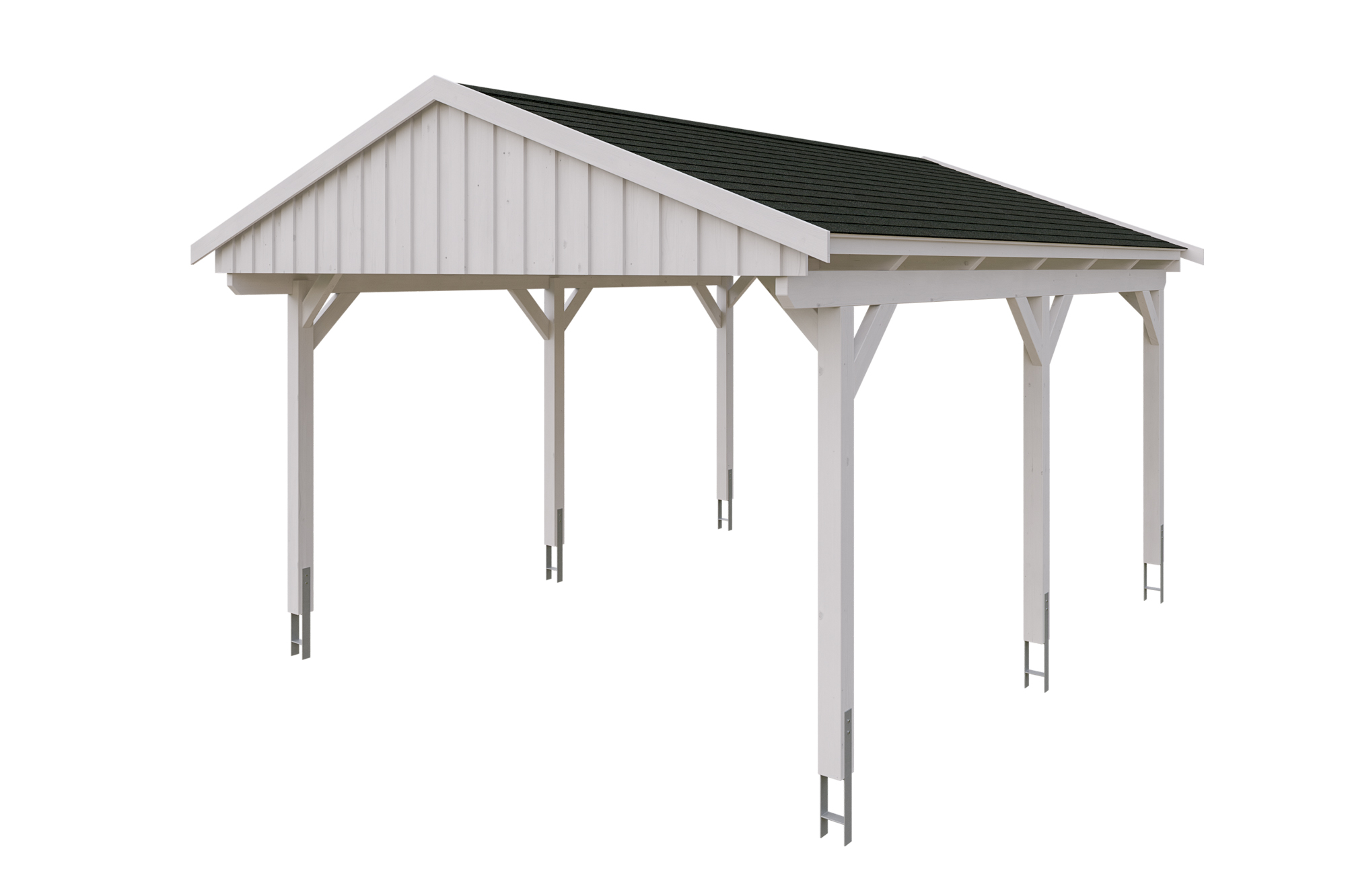 Produktbild: Carport Fichtelberg 423 x 566 cm, farblich behandelt in weiß, mit schwarzen Dachschindeln